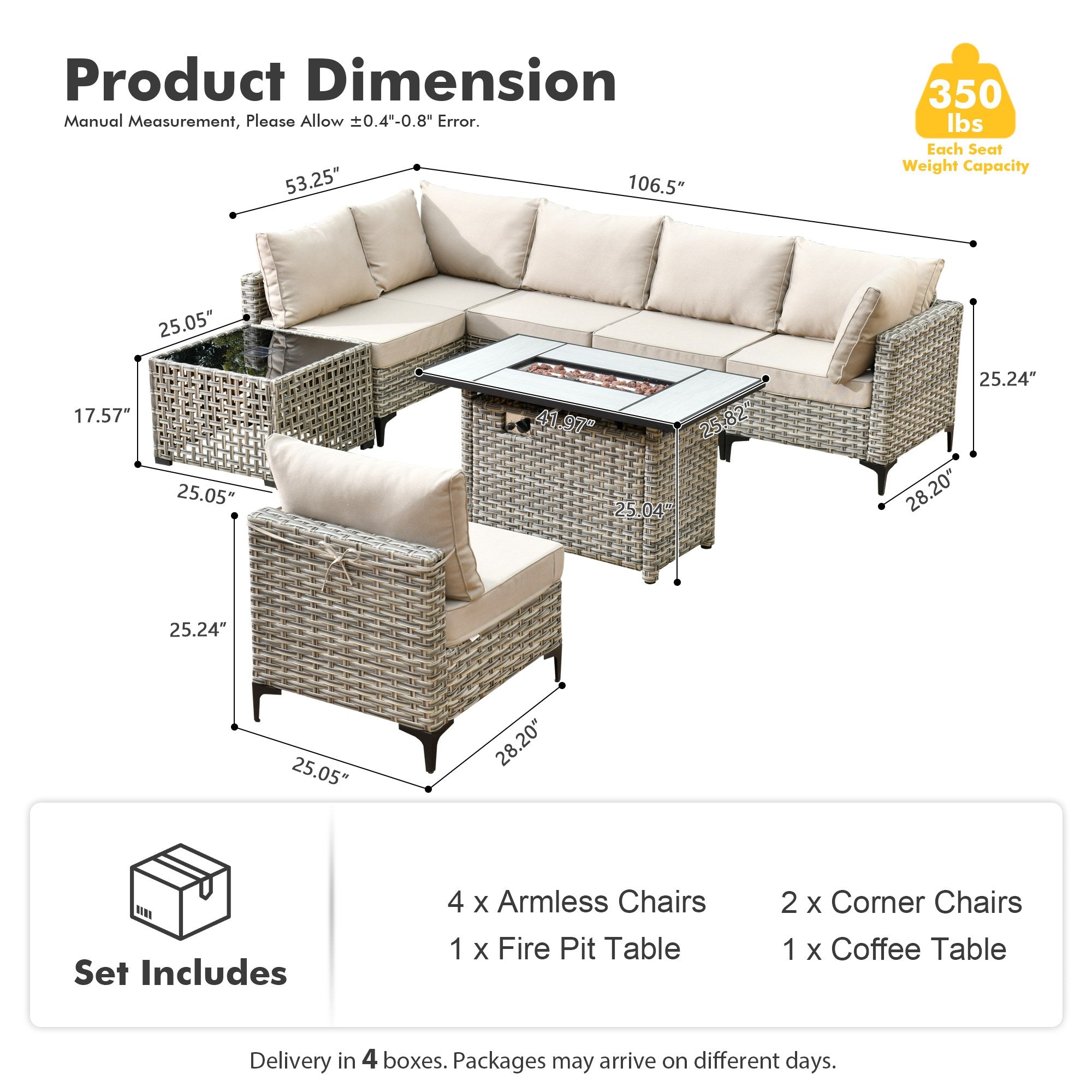 OVIOS Modular Wicker Patio Furniture Set with Fire Pit Table & Coffee Table