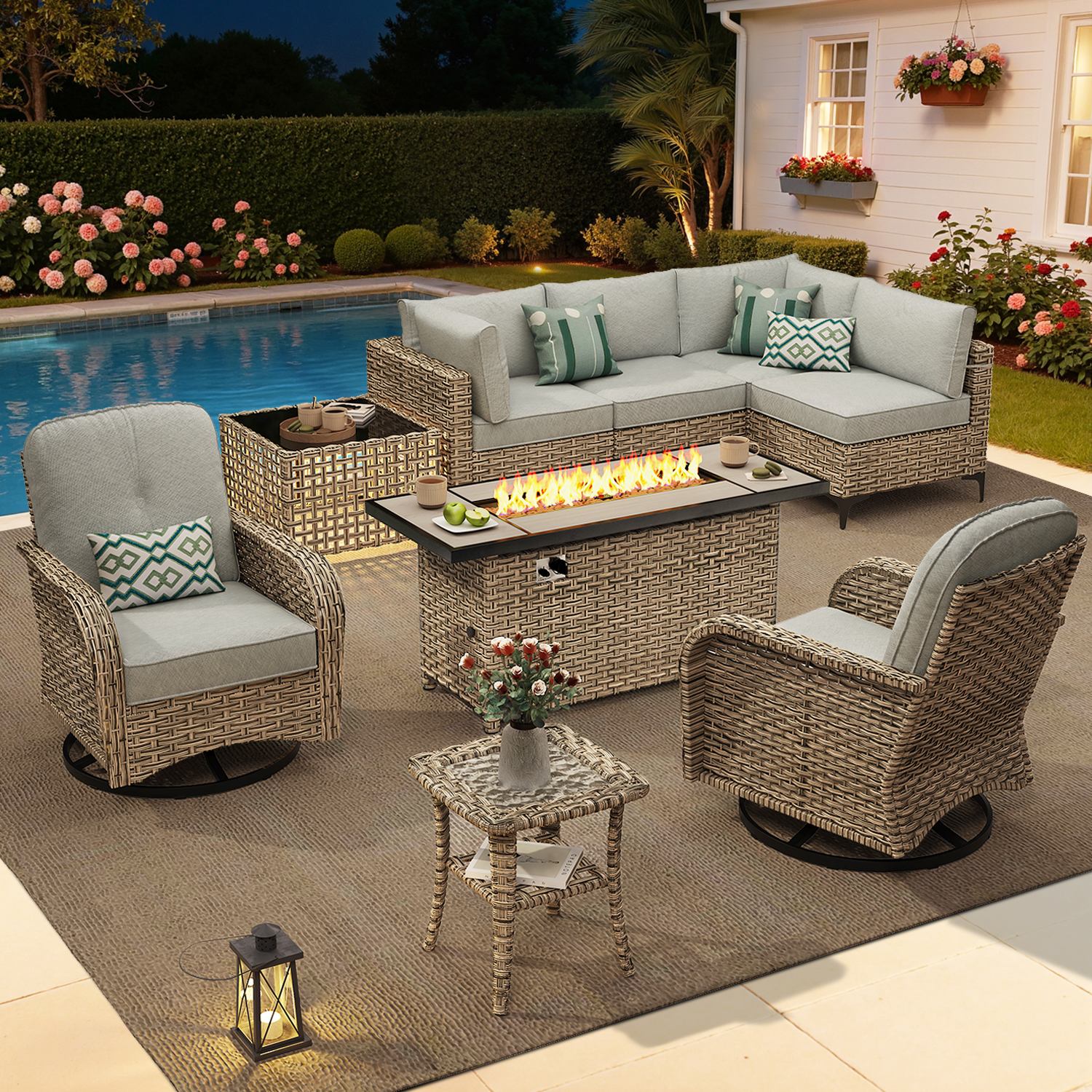 OVIOS All-Weather Patio Furniture Set with Swivel Rocking Chairs & Fire Table