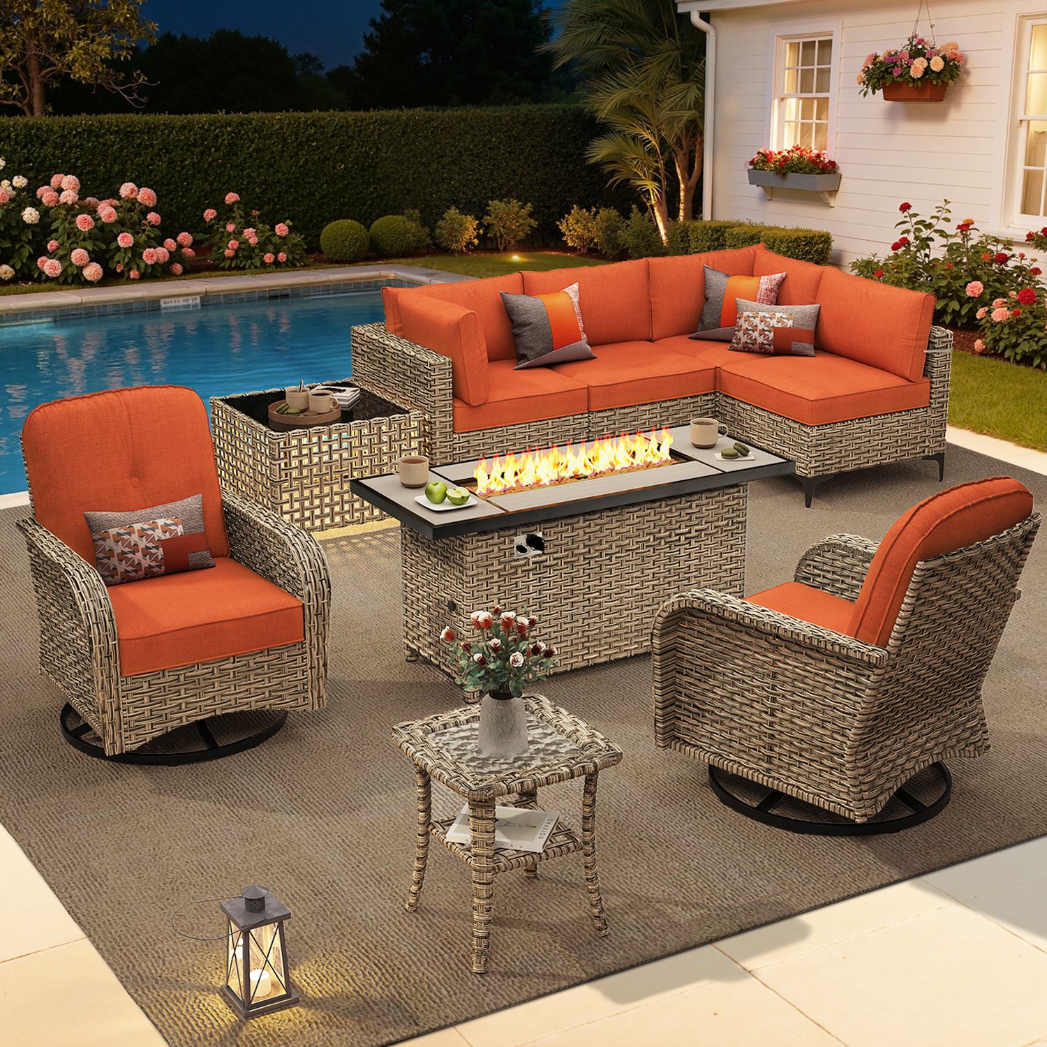 OVIOS All-Weather Patio Furniture Set with Swivel Rocking Chairs & Fire Table