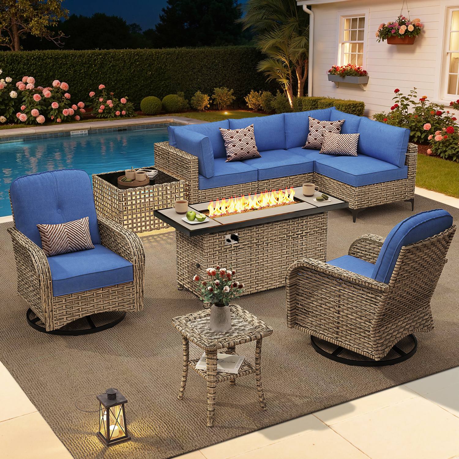 OVIOS All-Weather Patio Furniture Set with Swivel Rocking Chairs & Fire Table