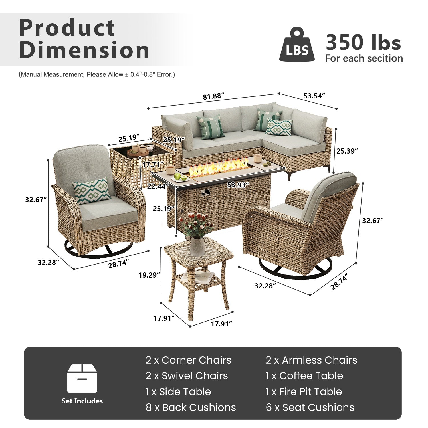 OVIOS All-Weather Patio Furniture Set with Swivel Rocking Chairs & Fire Table