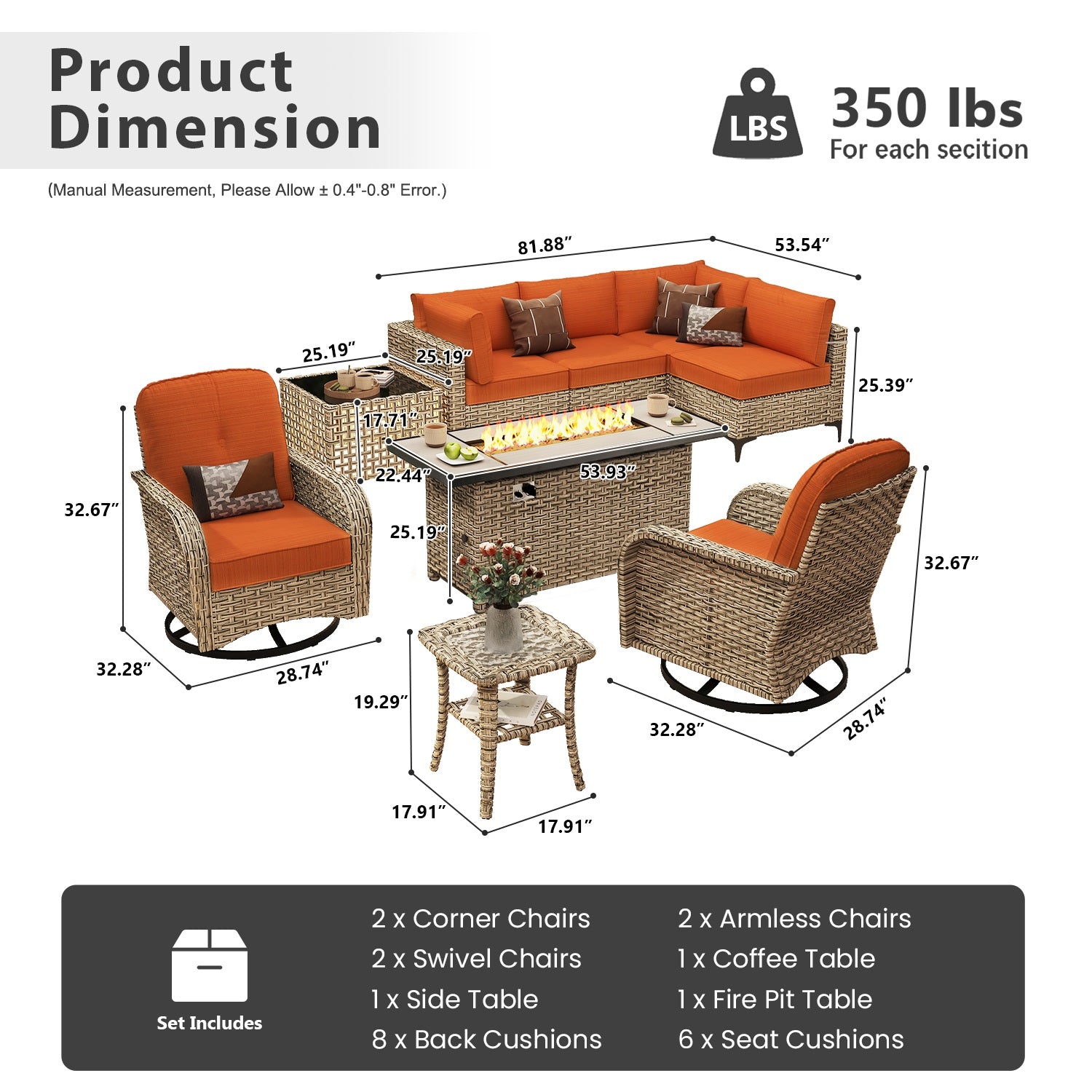 OVIOS All-Weather Patio Furniture Set with Swivel Rocking Chairs & Fire Table