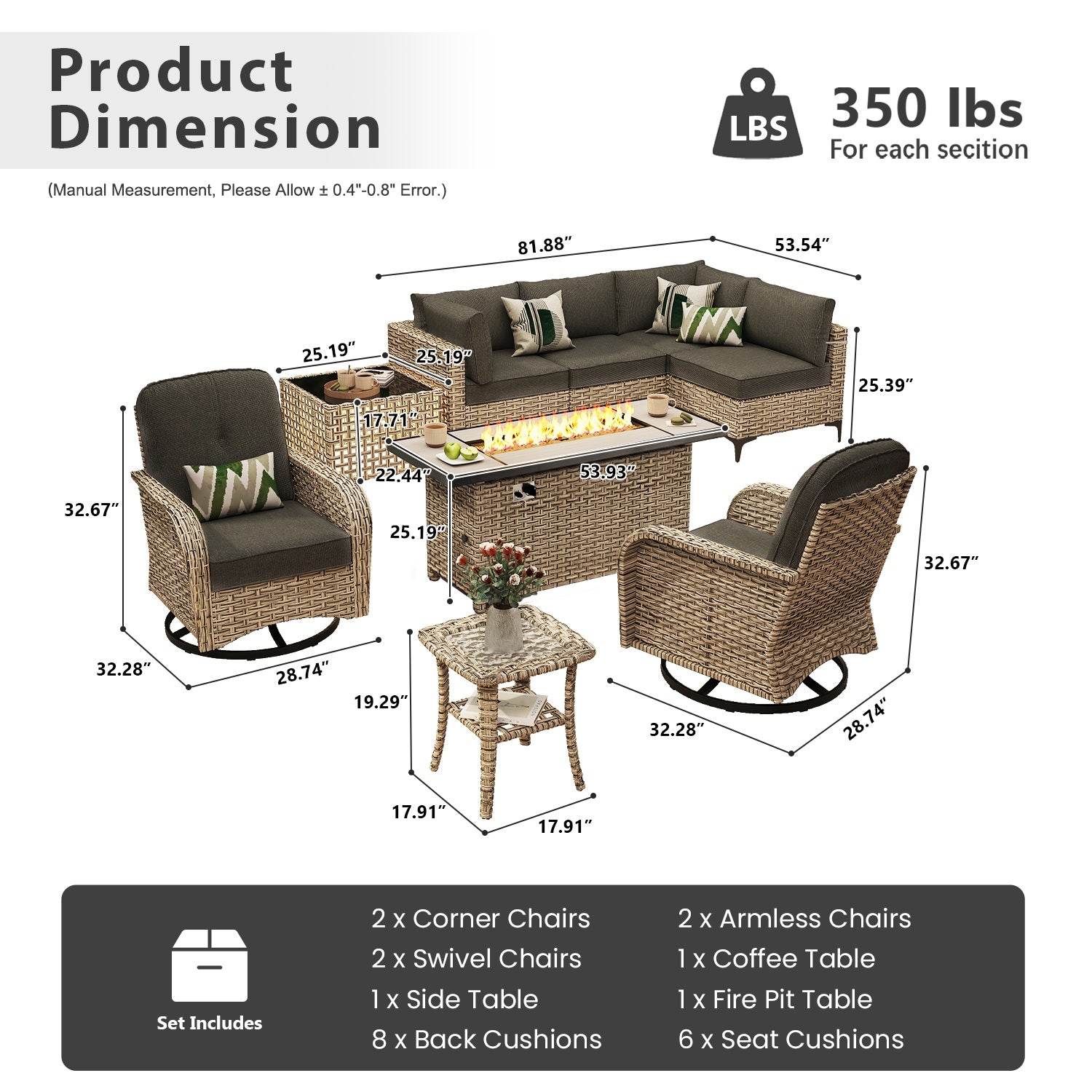 OVIOS All-Weather Patio Furniture Set with Swivel Rocking Chairs & Fire Table