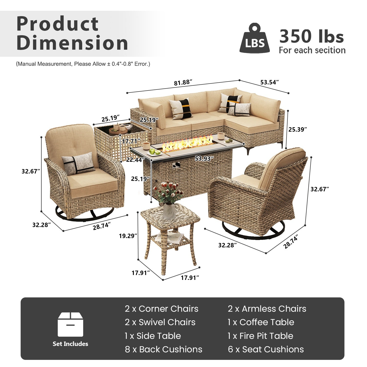 OVIOS All-Weather Patio Furniture Set with Swivel Rocking Chairs & Fire Table