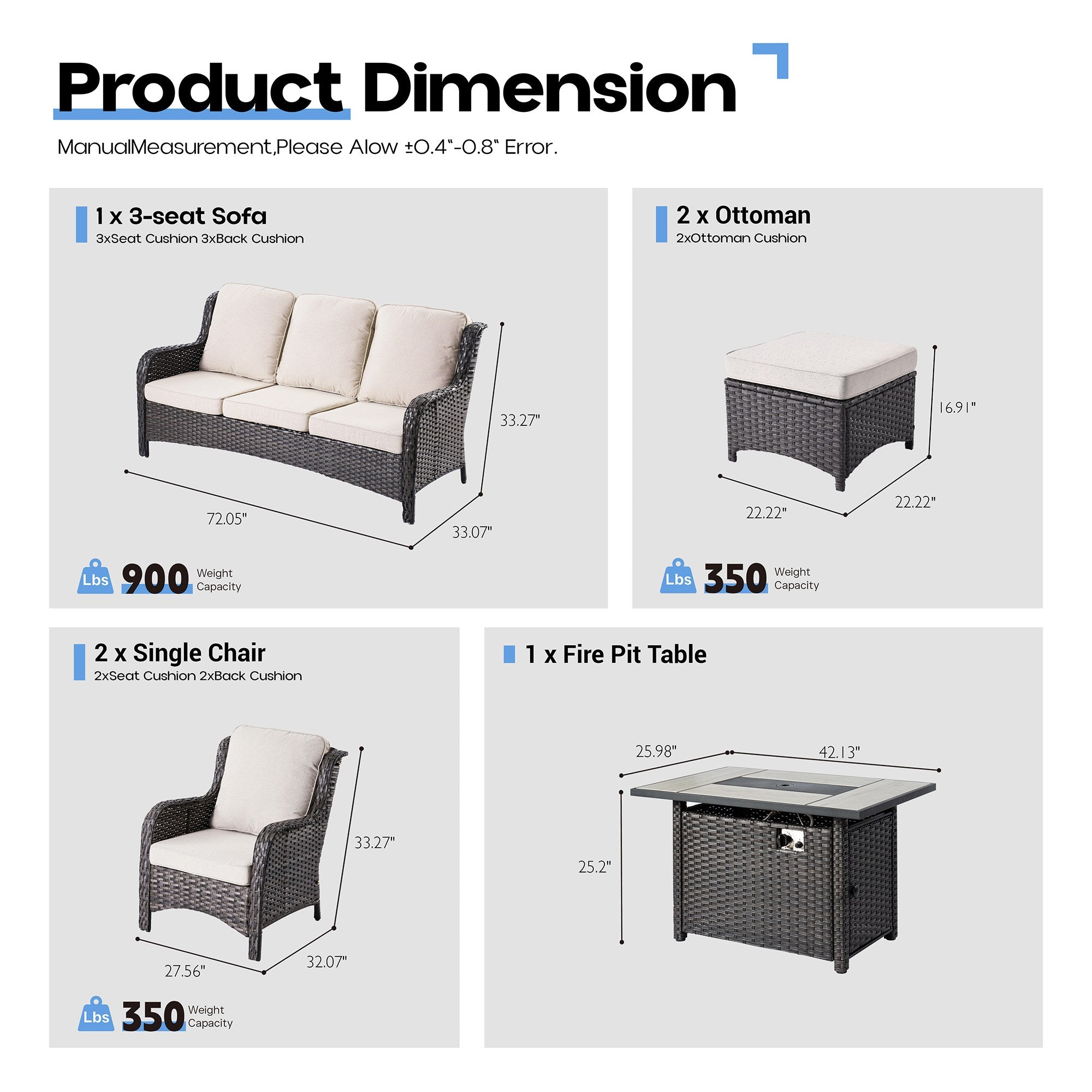 OVIOS Wicker Patio Fire Pit Conversation Seating Set