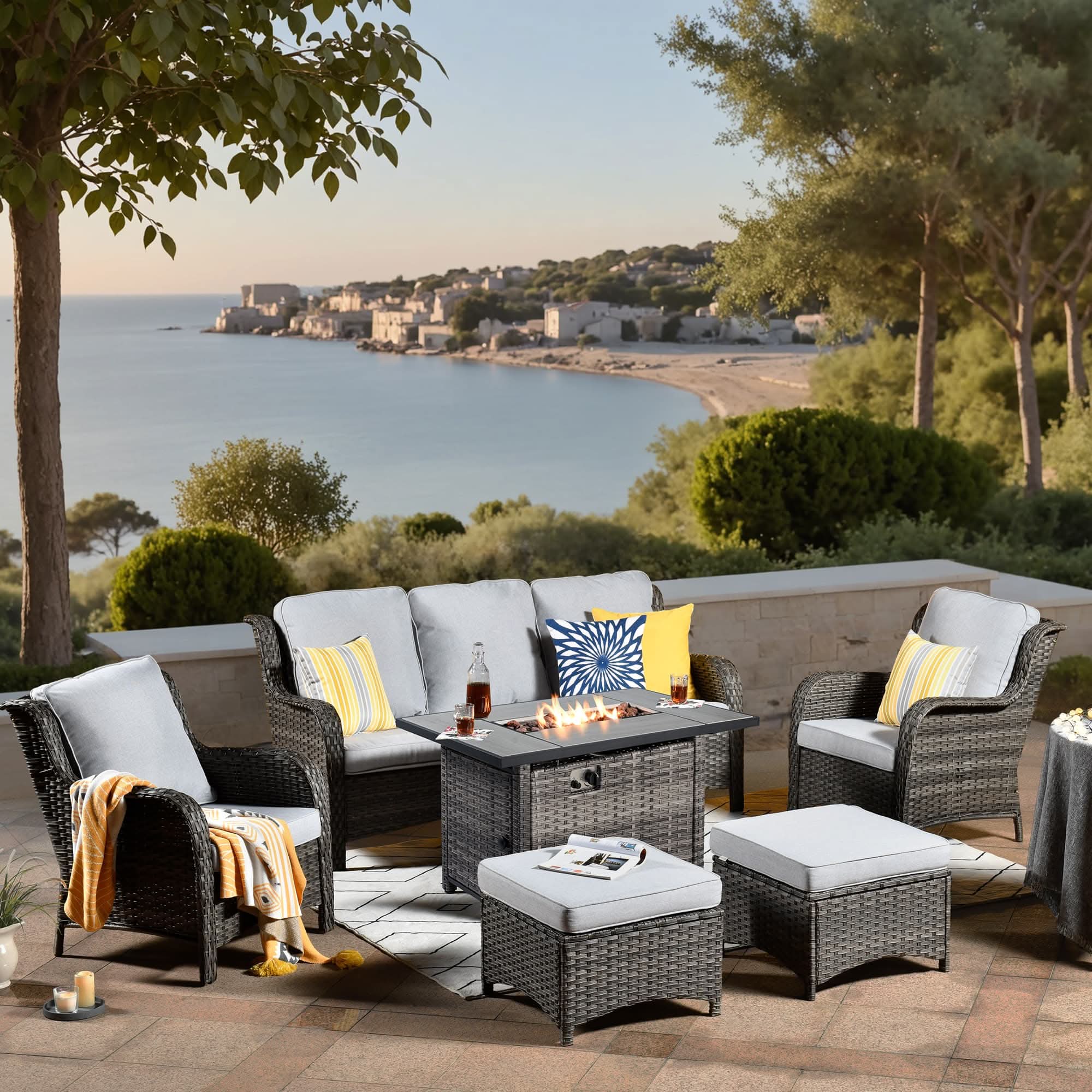 OVIOS Patio 6-Piece Conversation Set with 42'' Rectangle Propane Fire Pit Table Kenard