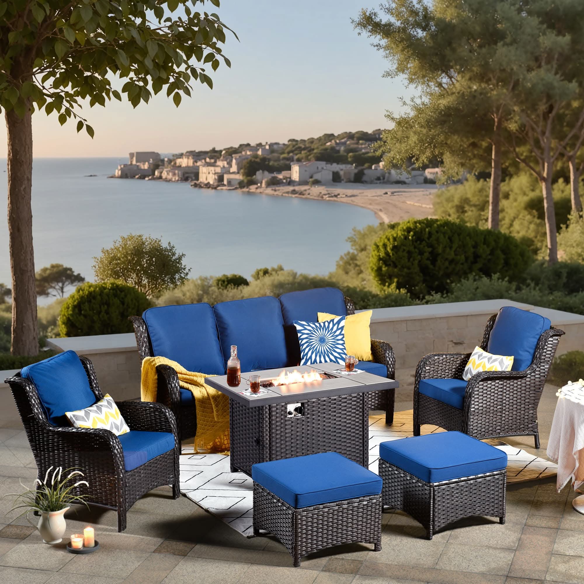 OVIOS Wicker Patio Fire Pit Conversation Seating Set