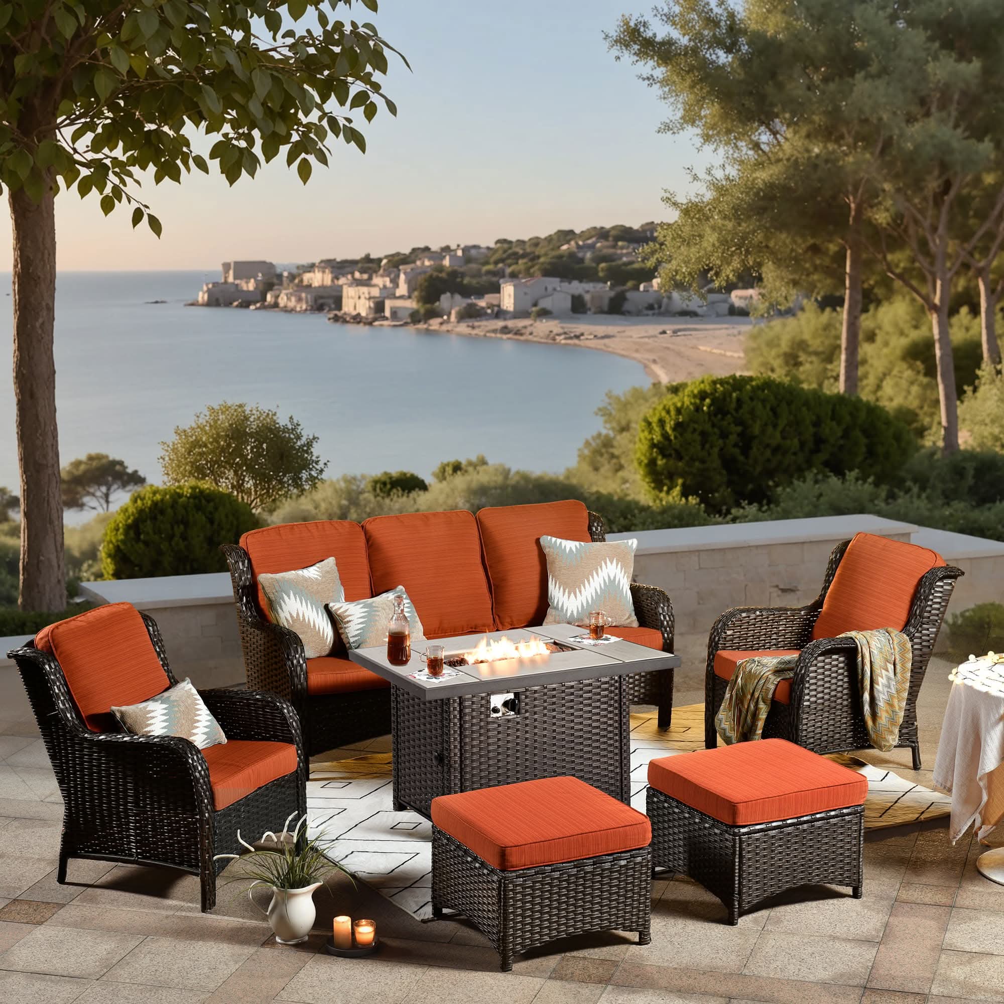 OVIOS Patio 6-Piece Conversation Set with 42'' Rectangle Propane Fire Pit Table Kenard