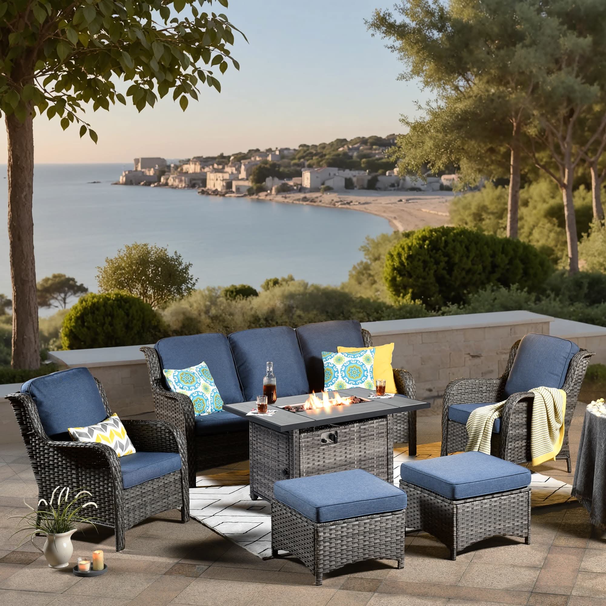 OVIOS Wicker Patio Fire Pit Conversation Seating Set