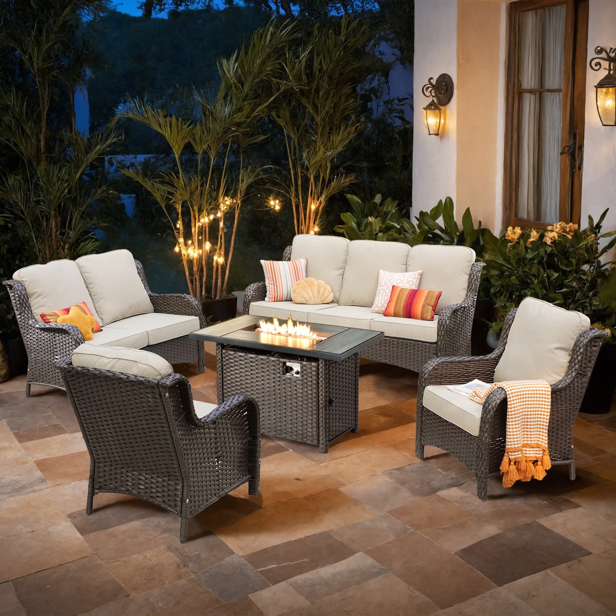OVIOS Wicker Patio Fire Pit Conversation Seating Set