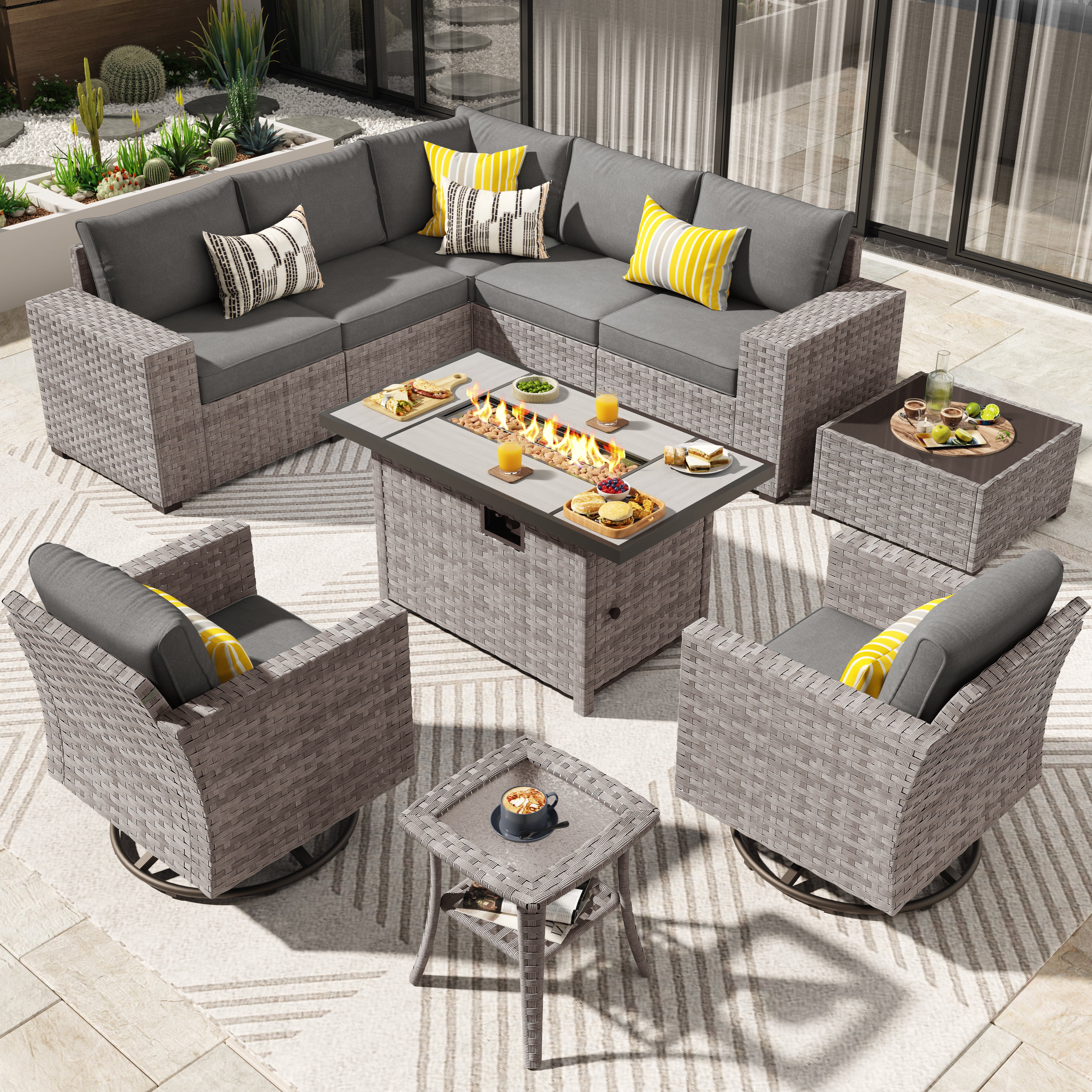 Ovios Outdoor Patio Furniture Set with Fire Pit Table and Chairs with Wide Armrests