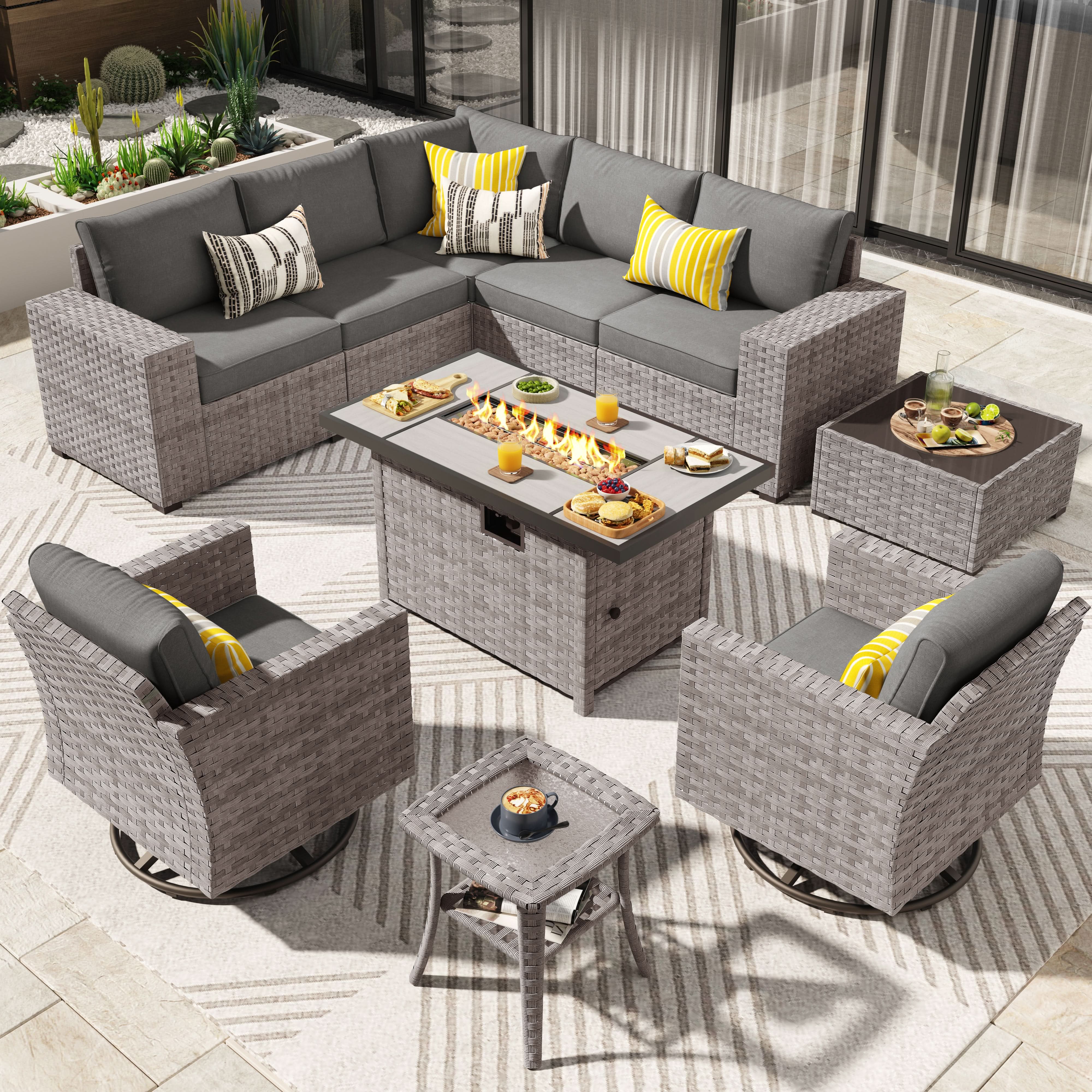 Ovios 10 Pieces Outdoor Patio Furniture Set with Wicker Fire Pit Table and Chairs with Wide Armrests