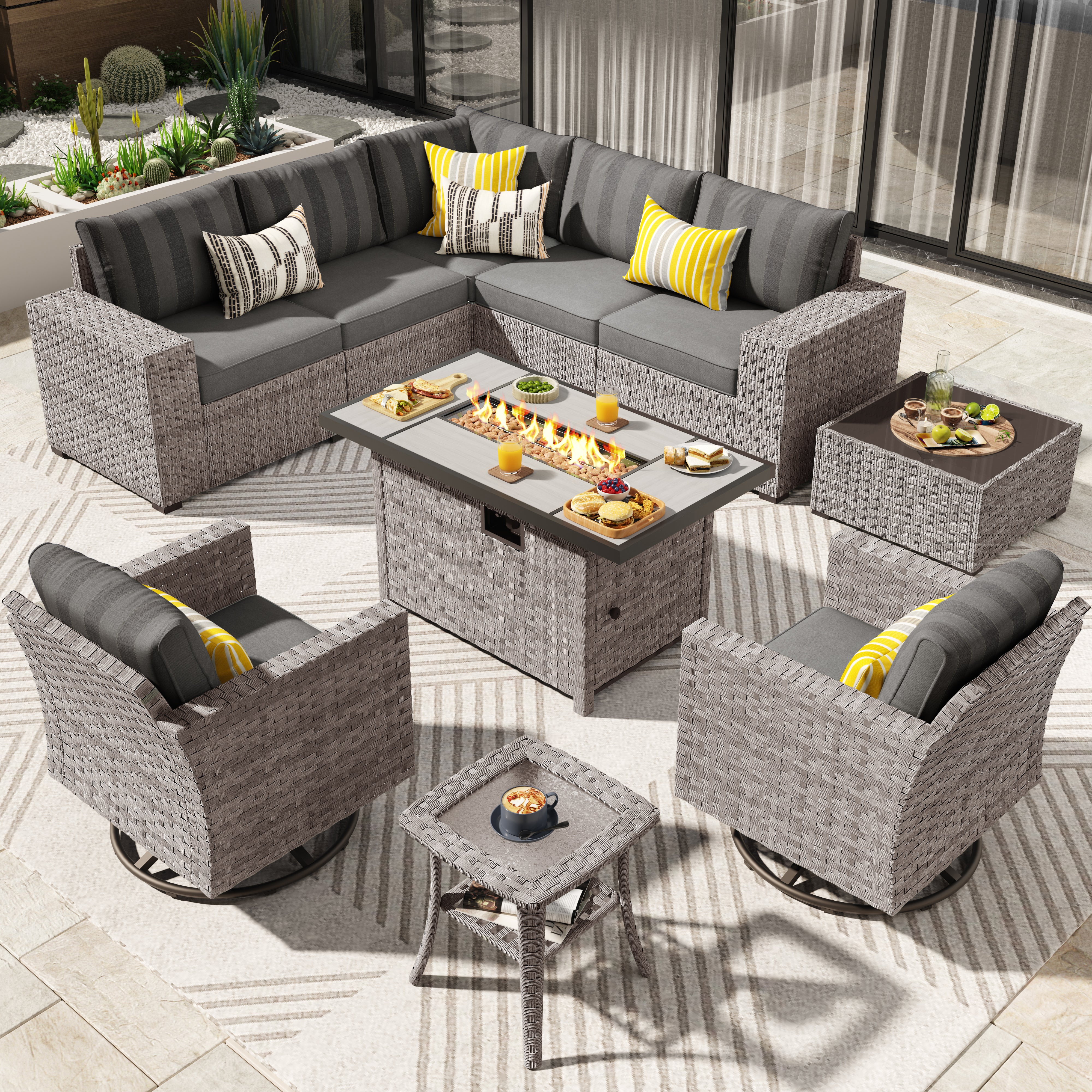 Ovios Outdoor Patio Furniture Set with Fire Pit Table and Chairs with Wide Armrests
