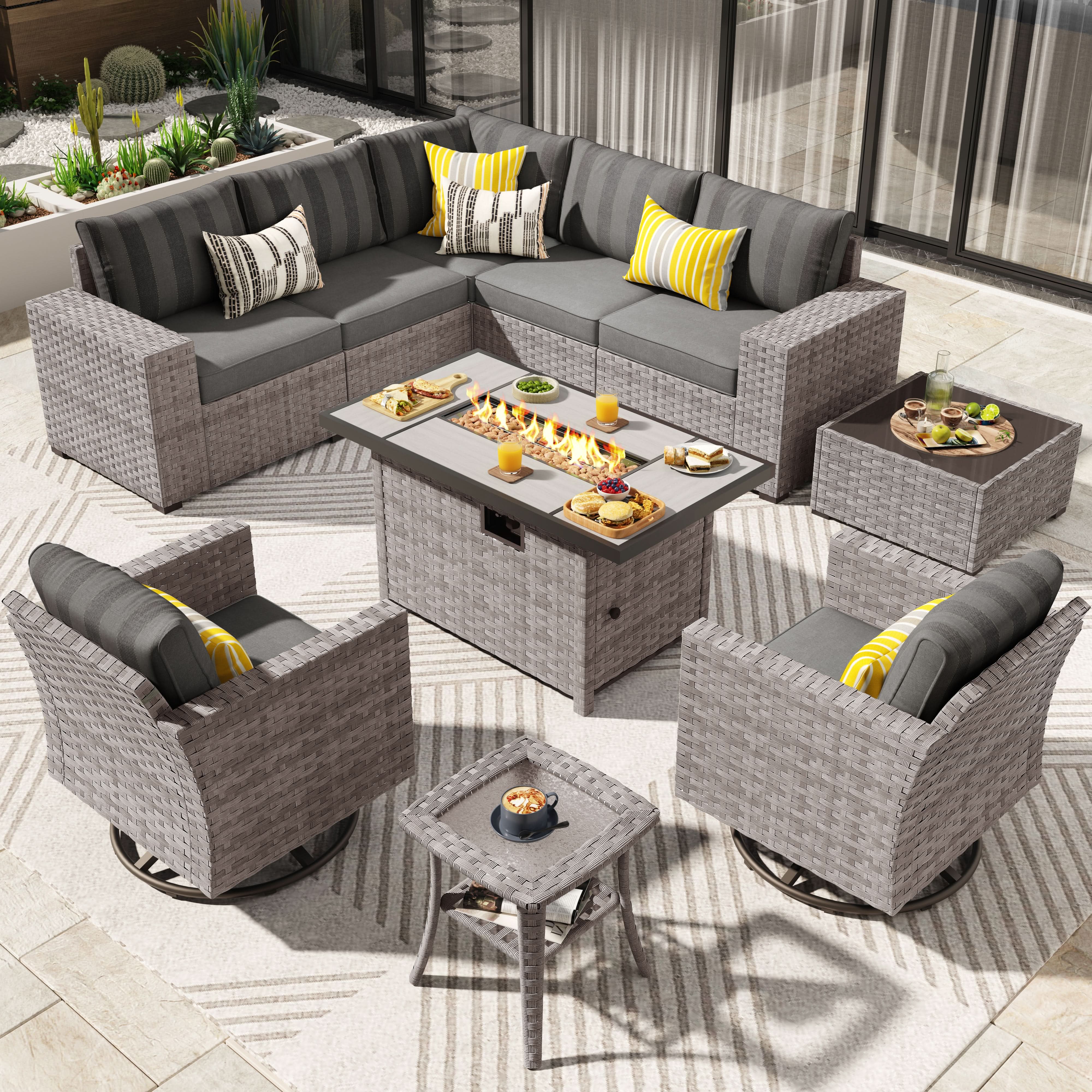 Ovios 10 Pieces Outdoor Patio Furniture Set with Wicker Fire Pit Table and Chairs with Wide Armrests