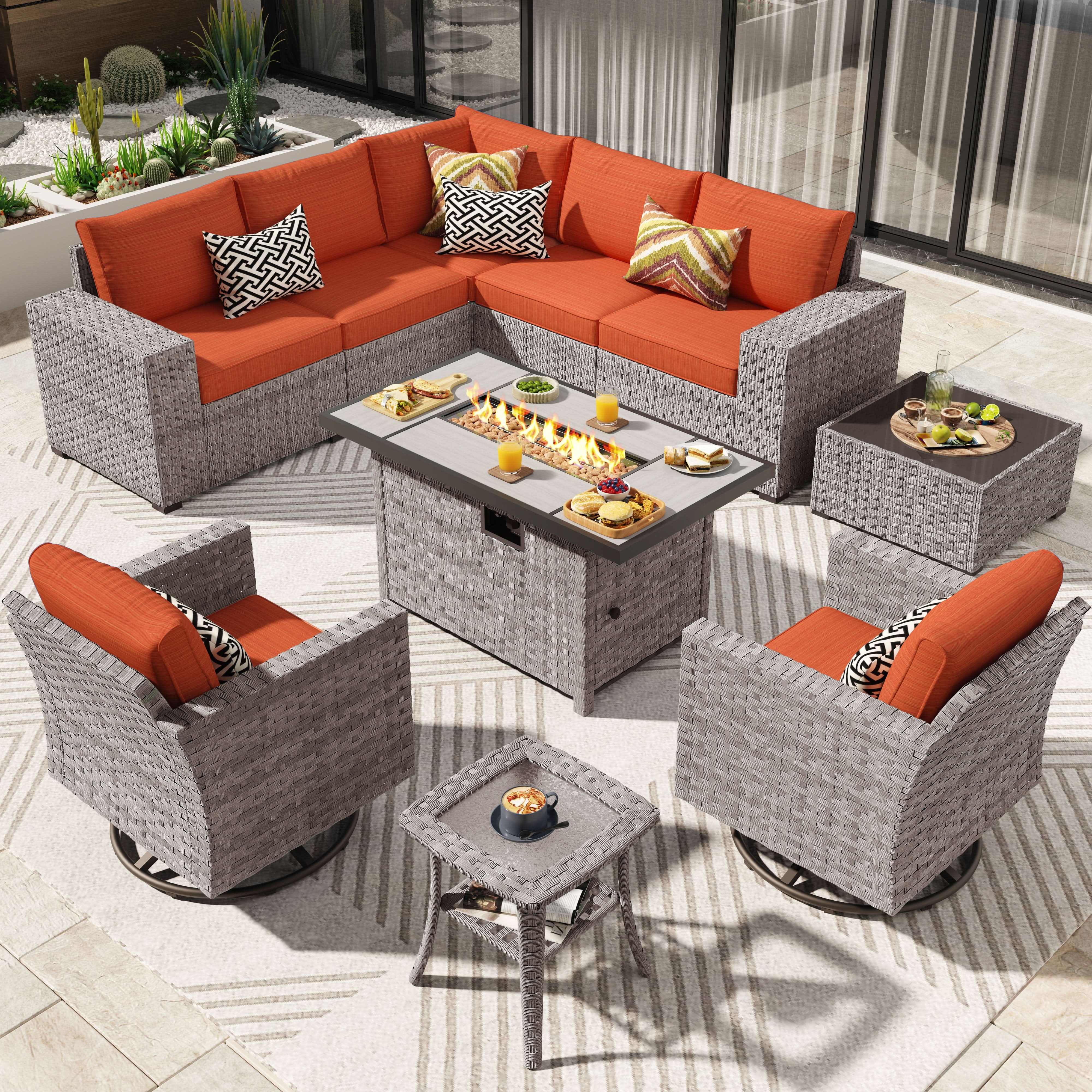Ovios 10 Pieces Outdoor Patio Furniture Set with Wicker Fire Pit Table and Chairs with Wide Armrests