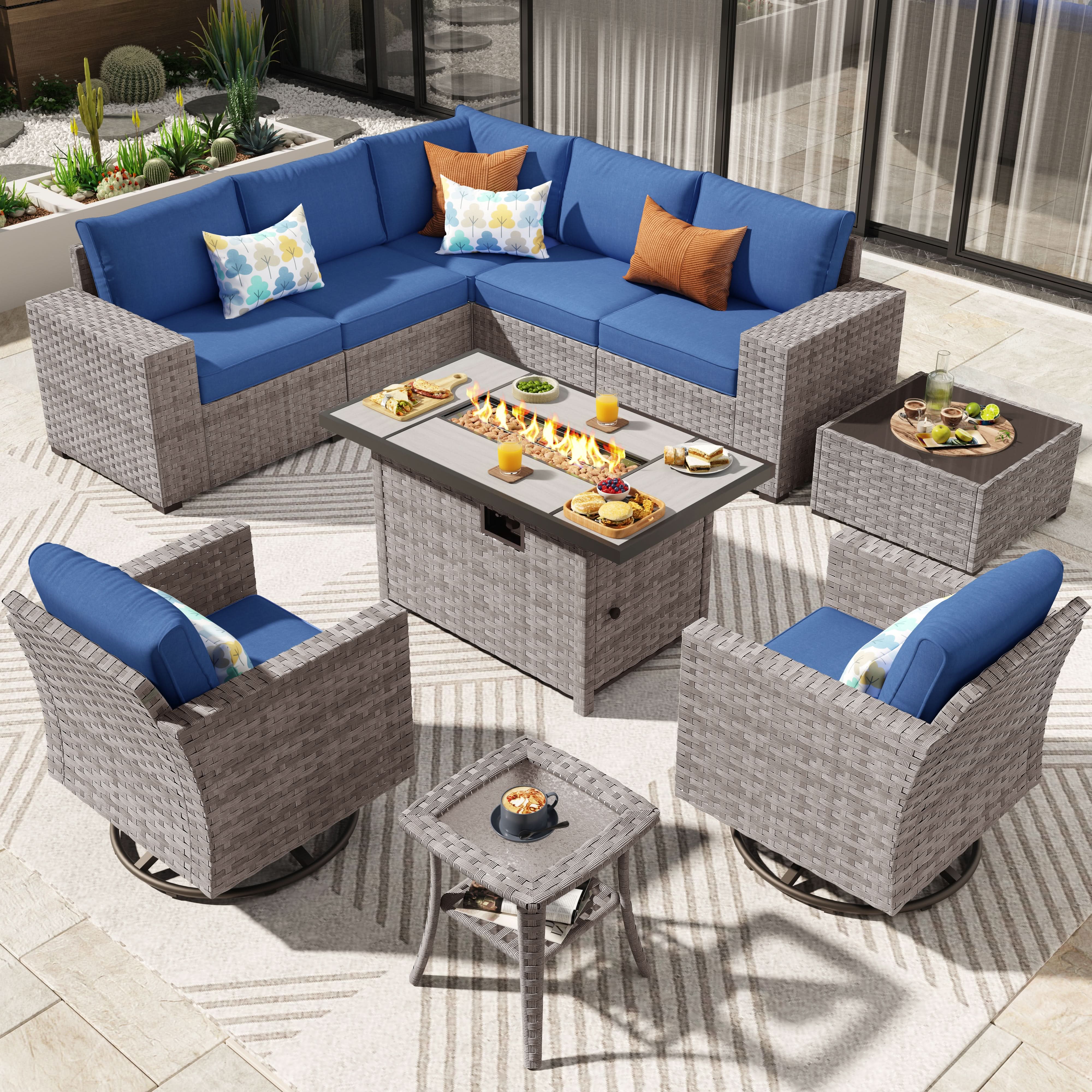 Ovios 10 Pieces Outdoor Patio Furniture Set with Wicker Fire Pit Table and Chairs with Wide Armrests