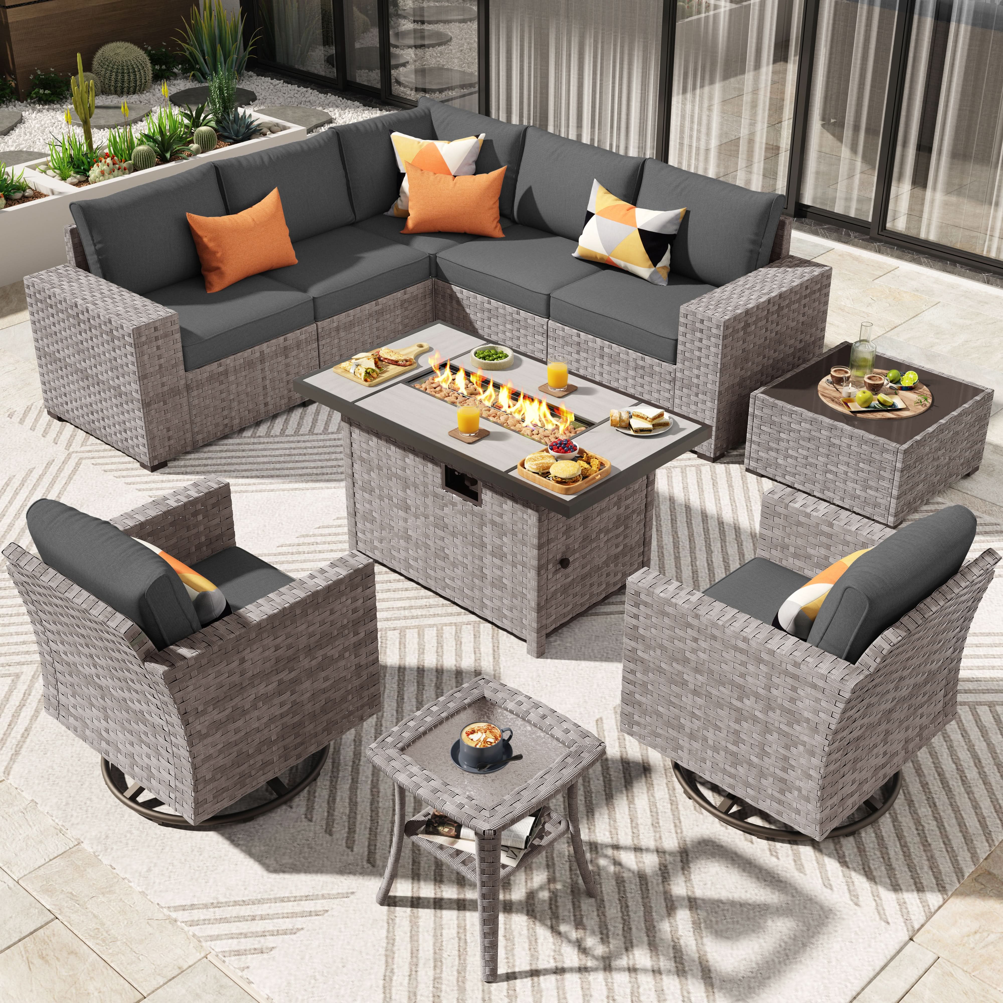 Ovios 10 Pieces Outdoor Patio Furniture Set with Wicker Fire Pit Table and Chairs with Wide Armrests