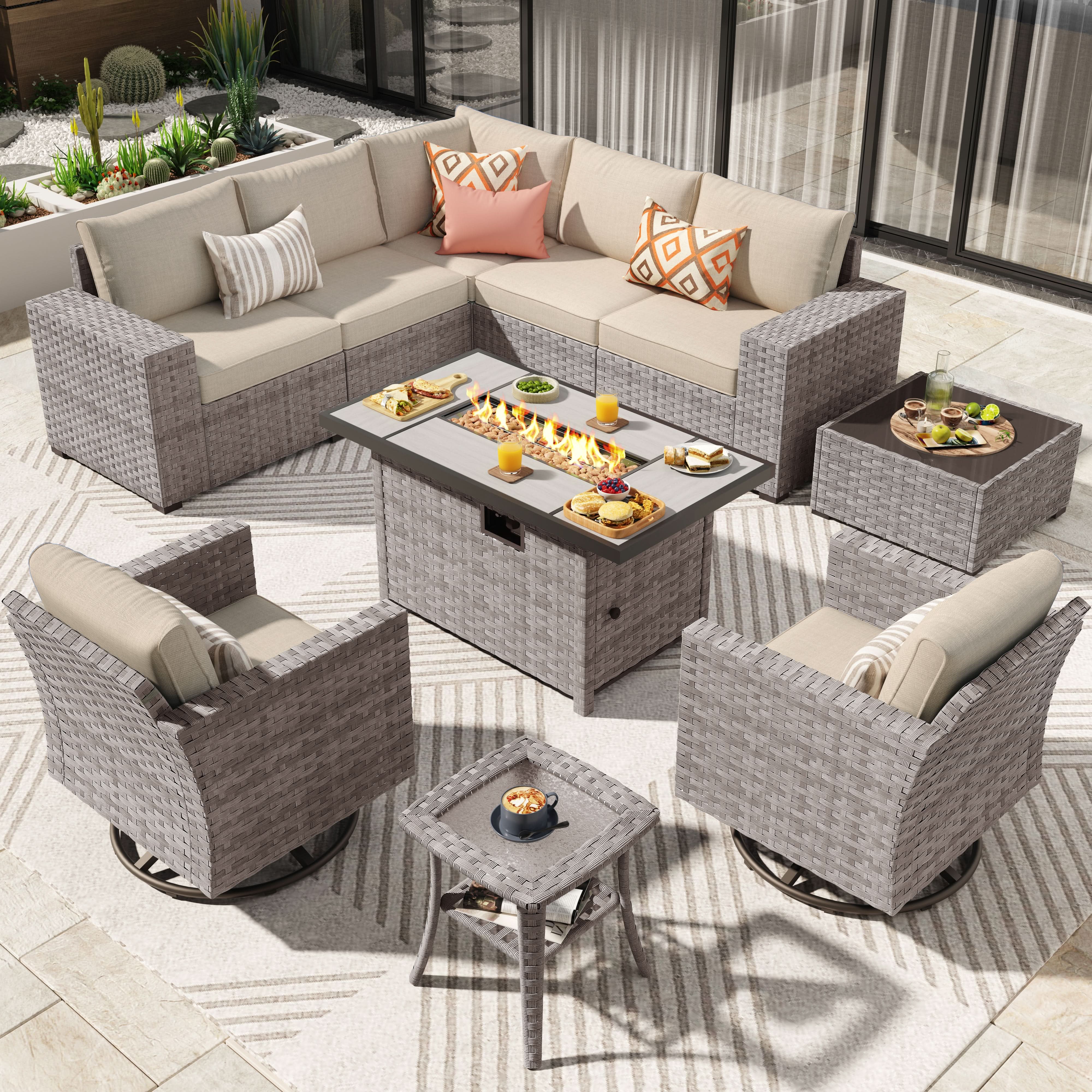 Ovios 10 Pieces Outdoor Patio Furniture Set with Wicker Fire Pit Table and Chairs with Wide Armrests