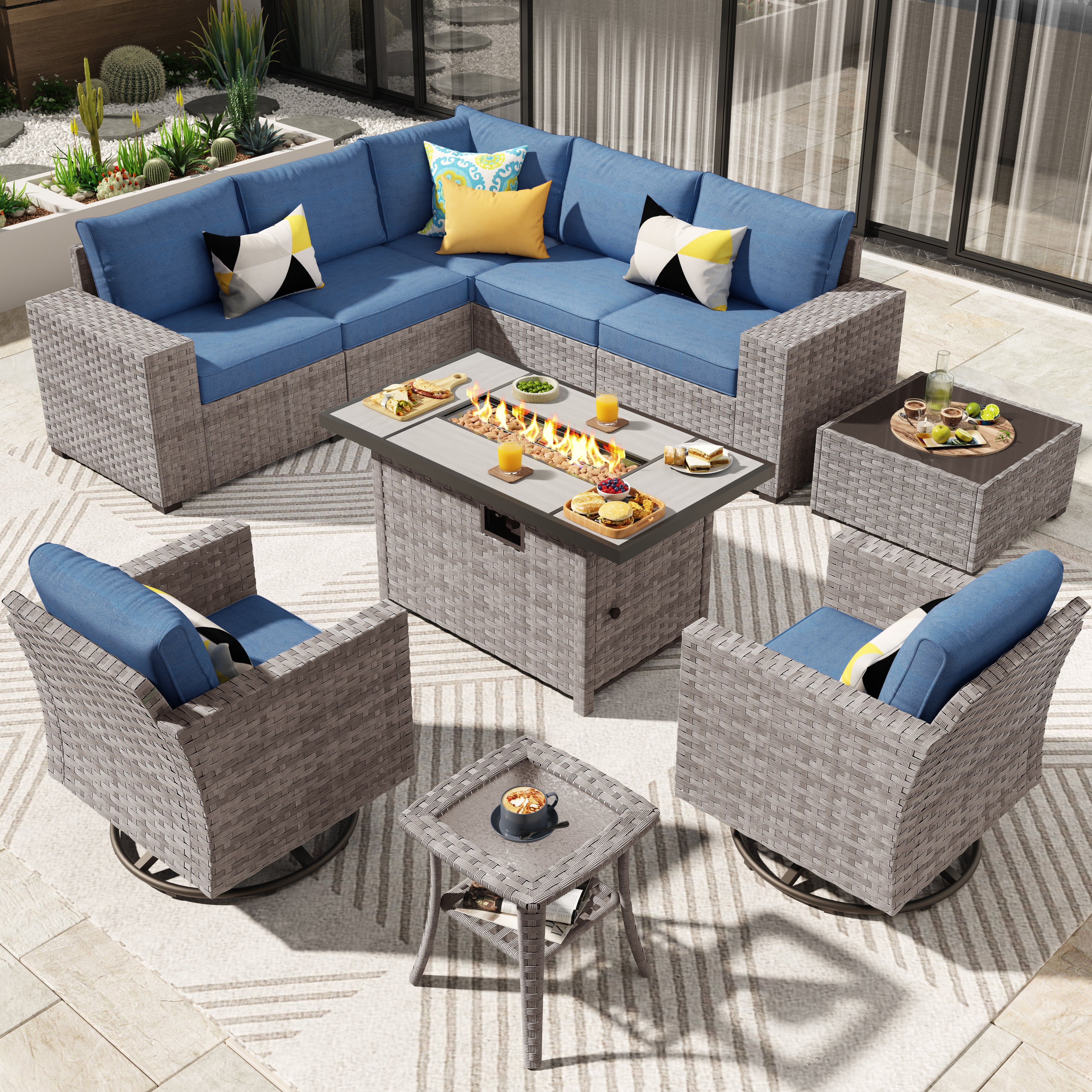 Ovios Outdoor Patio Furniture Set with Fire Pit Table and Chairs with Wide Armrests