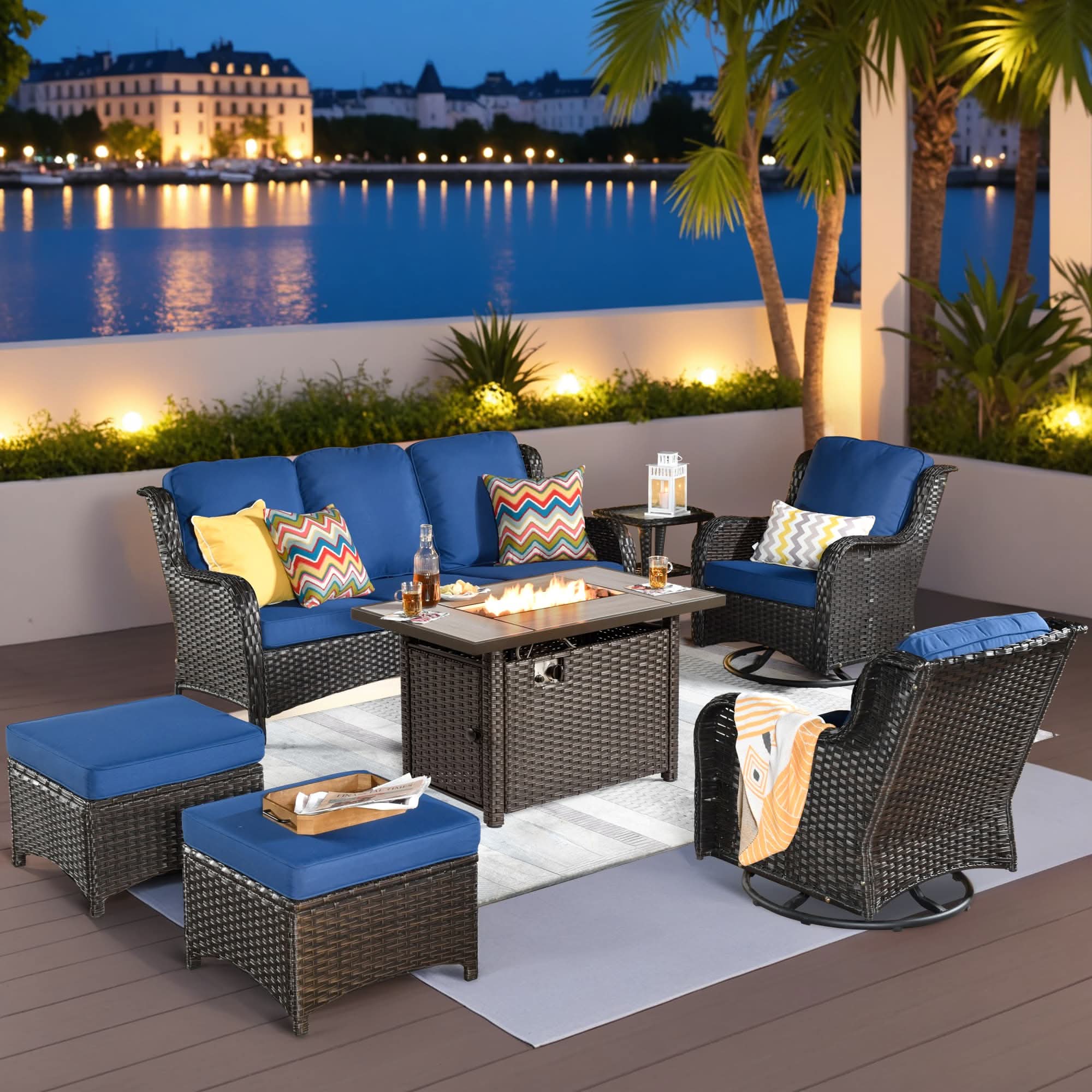 OVIOS Wicker Patio Fire Pit Conversation Seating Set