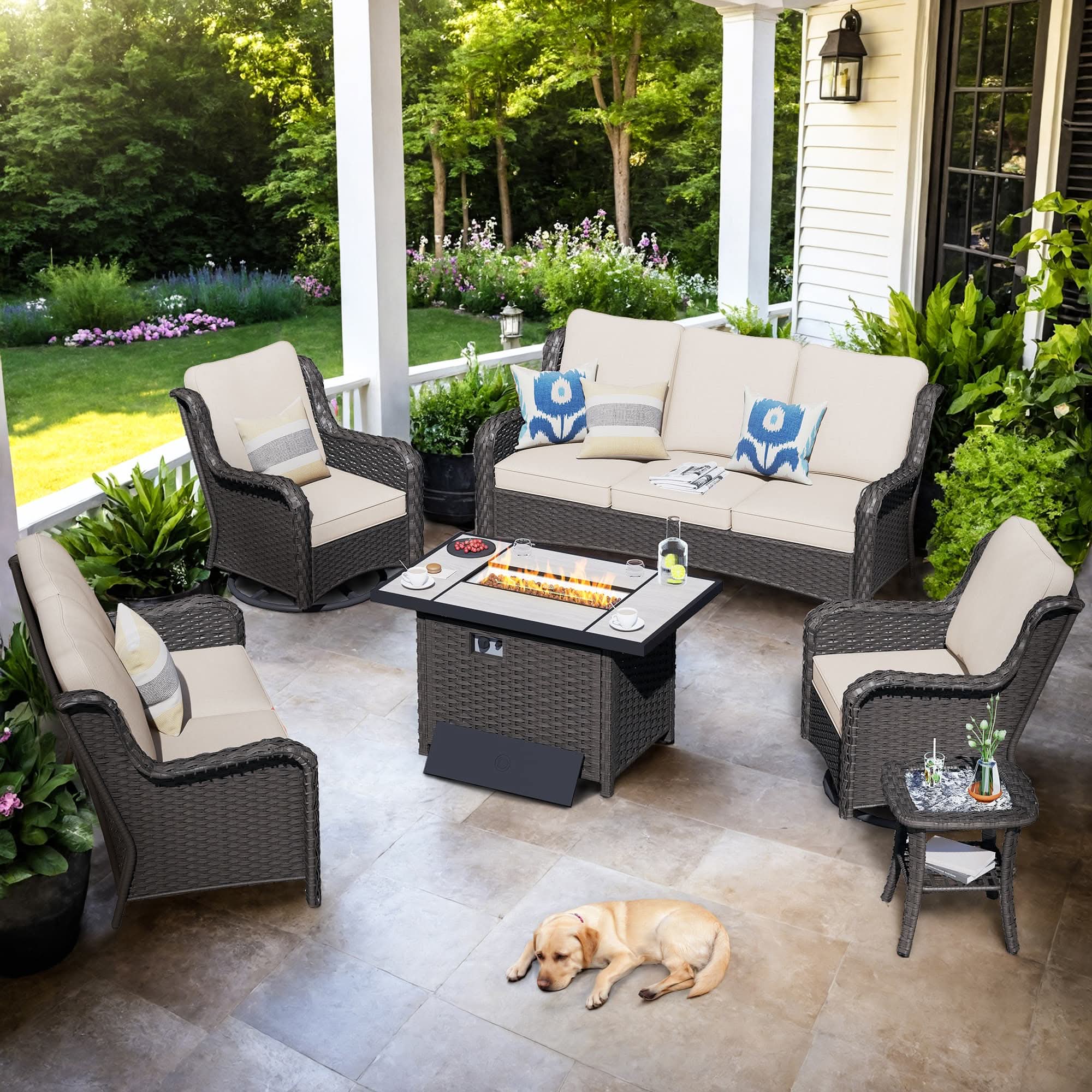 OVIOS Wicker Patio Fire Pit Conversation Seating Set