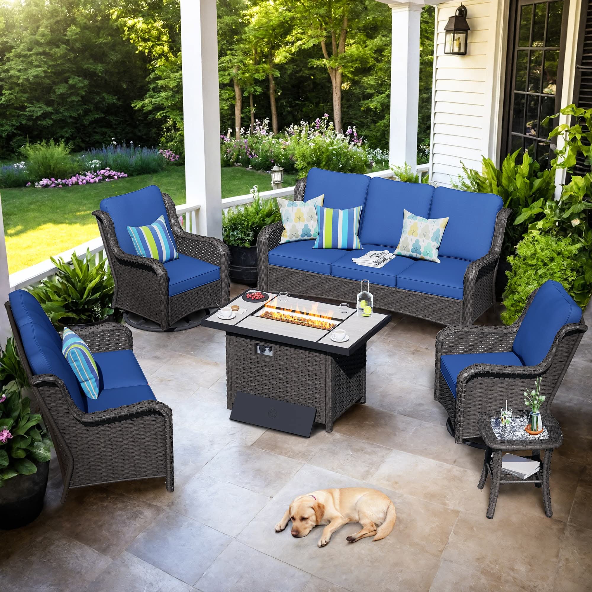 OVIOS Wicker Patio Fire Pit Conversation Seating Set