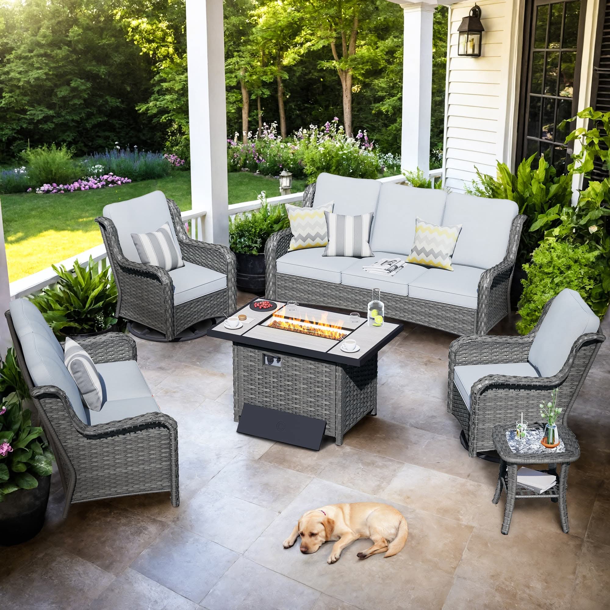 OVIOS Wicker Patio Fire Pit Conversation Seating Set