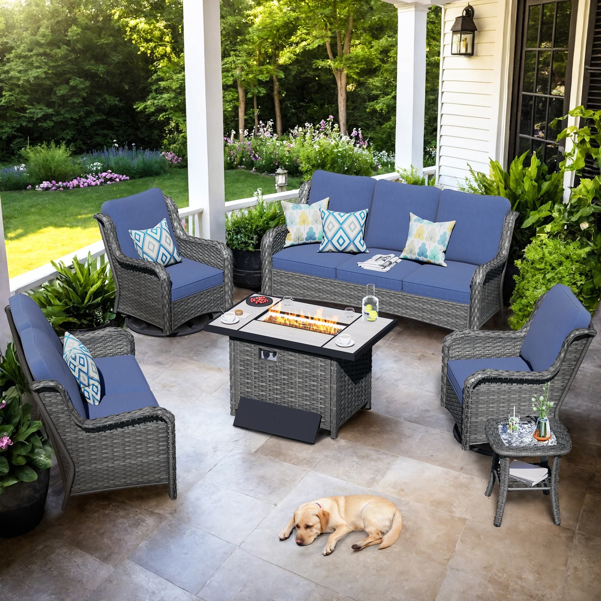 OVIOS Wicker Patio Fire Pit Conversation Seating Set