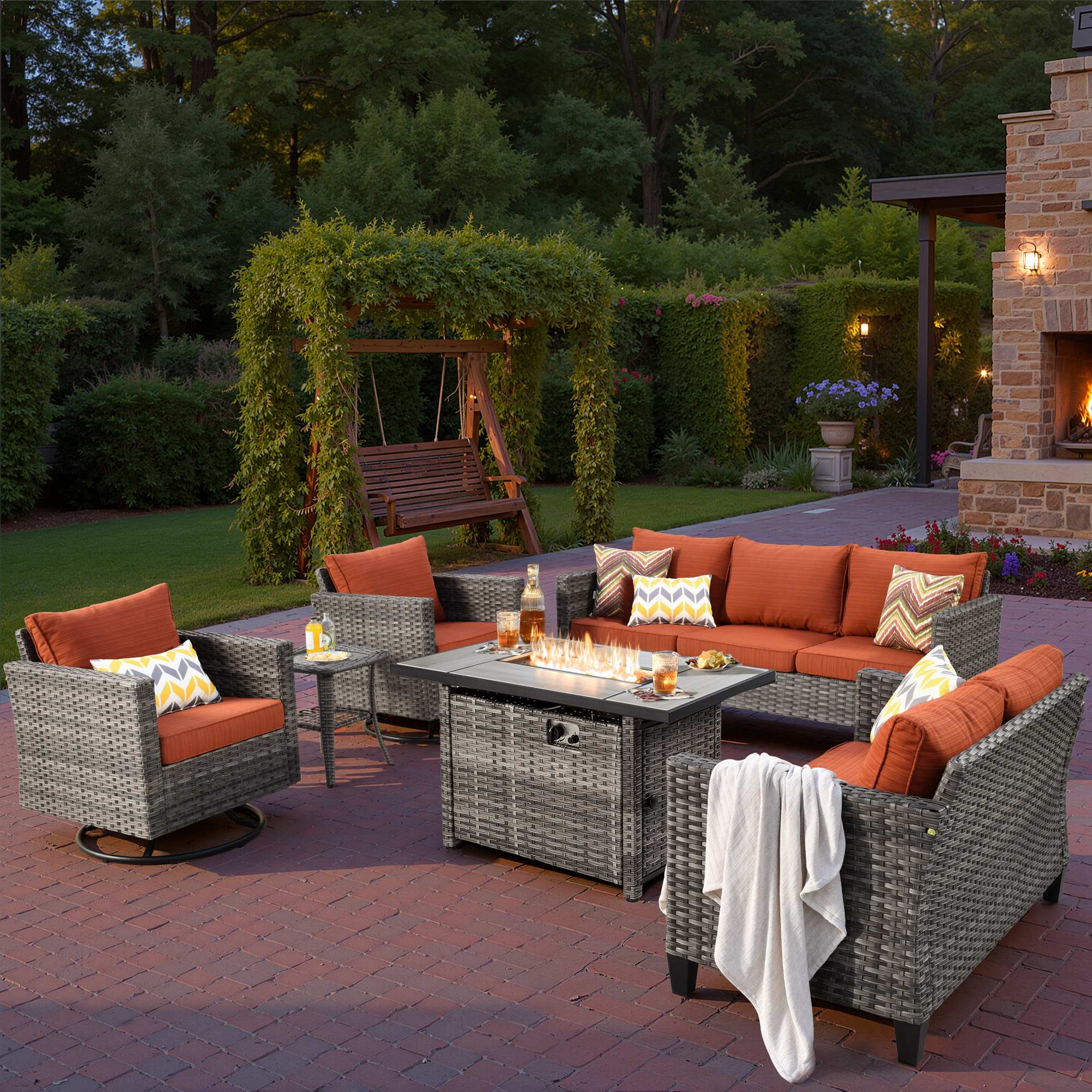 OVIOS Wicker Patio 6-Piece Set With 30'' Wicker Propane Fire Pit Table