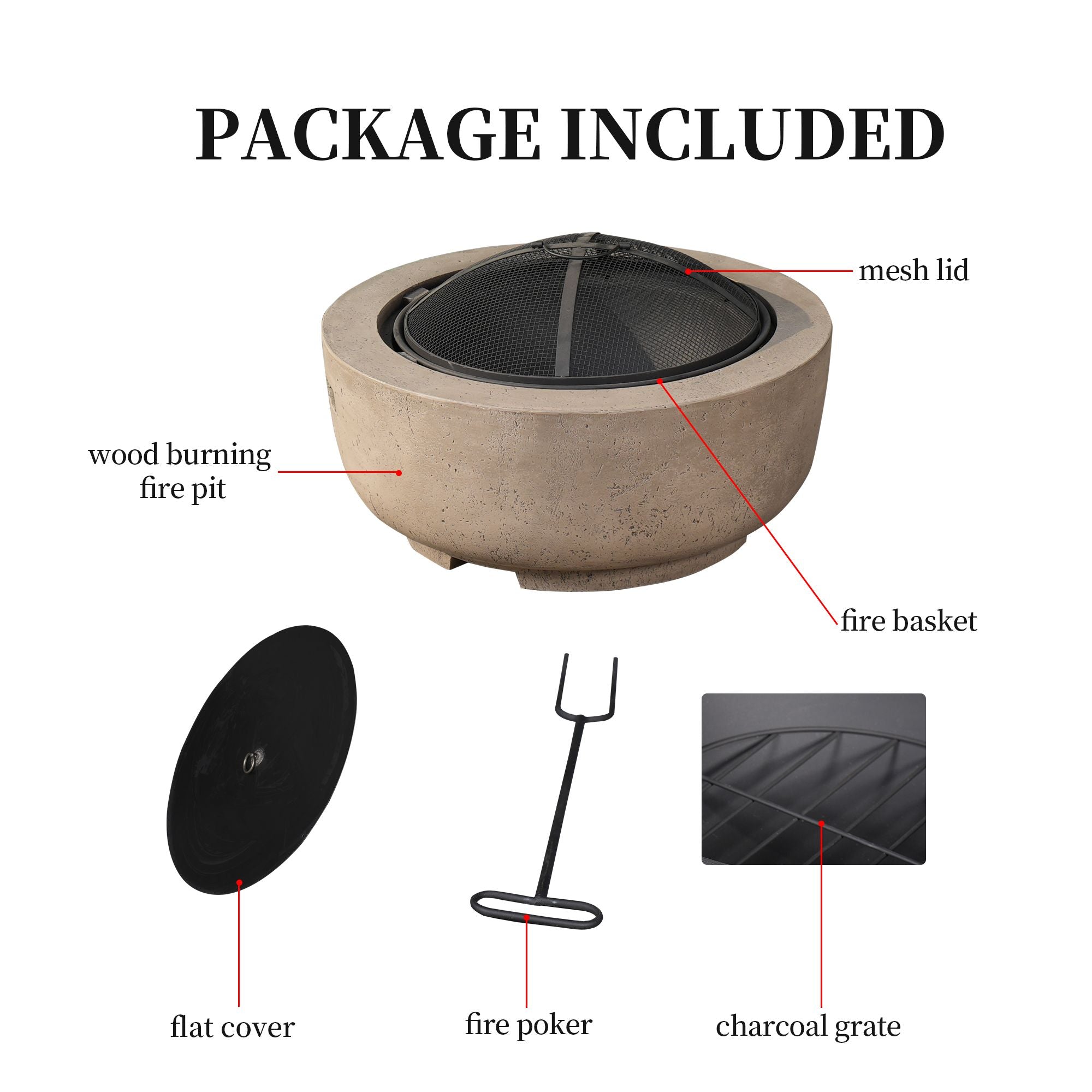 OVIOS 23.62'' Round Magnesium Oxide Wood Burning Fire Pit