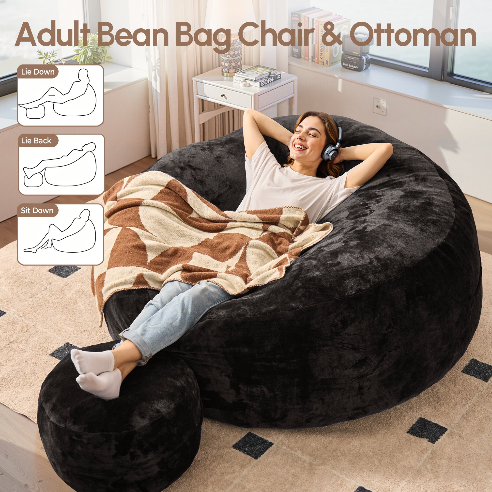 OVIOS Bean Bag Chair Removable Cover, High-Rebound Filling Cozy Furniture for Living Room, Bedroom