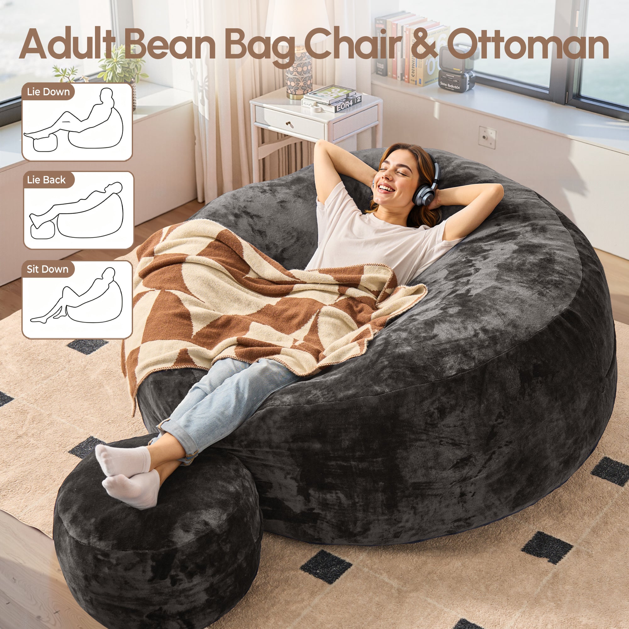 OVIOS Bean Bag Chair Removable Cover, High-Rebound Filling Cozy Furniture for Living Room, Bedroom