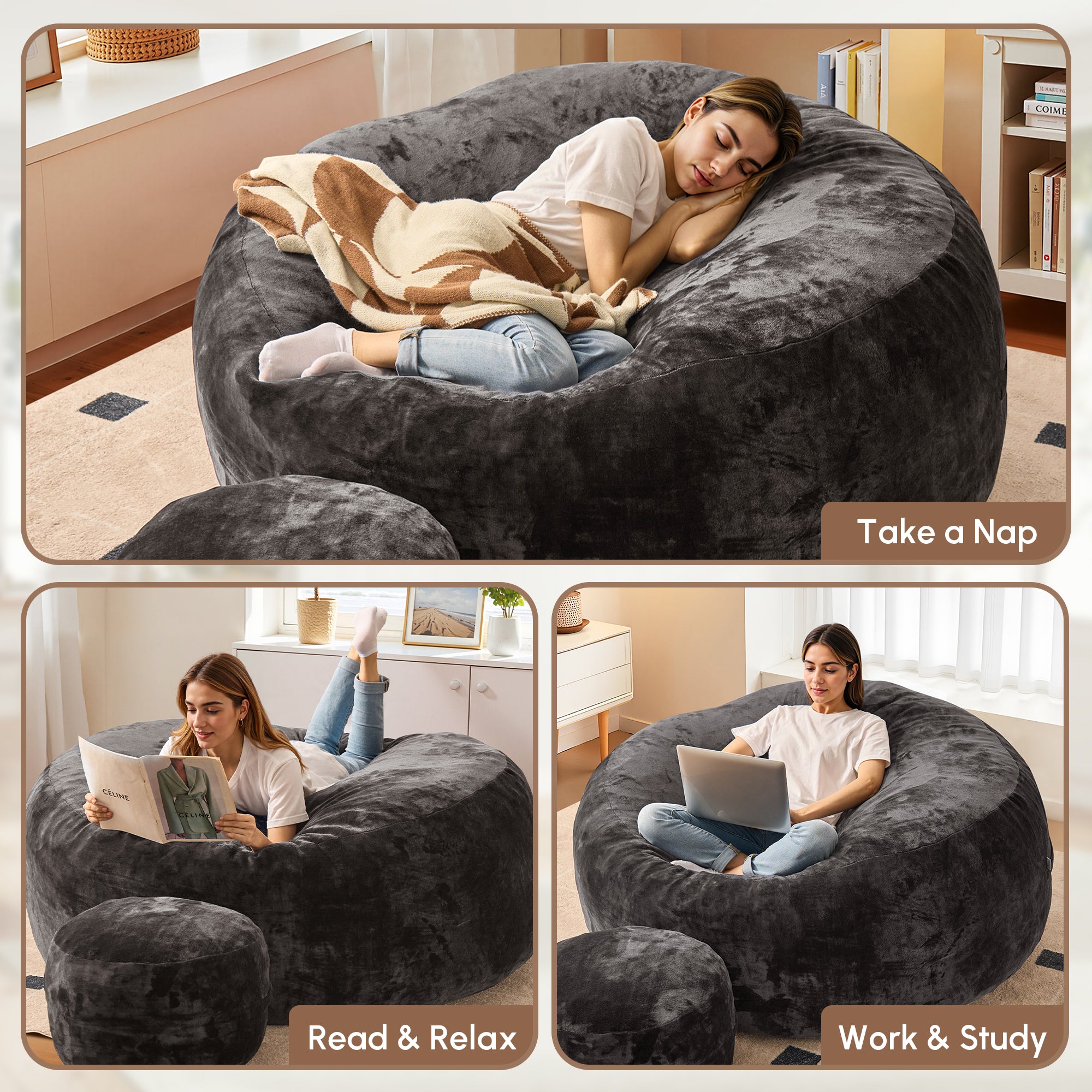 OVIOS Bean Bag Chair Removable Cover, High-Rebound Filling Cozy Furniture for Living Room, Bedroom