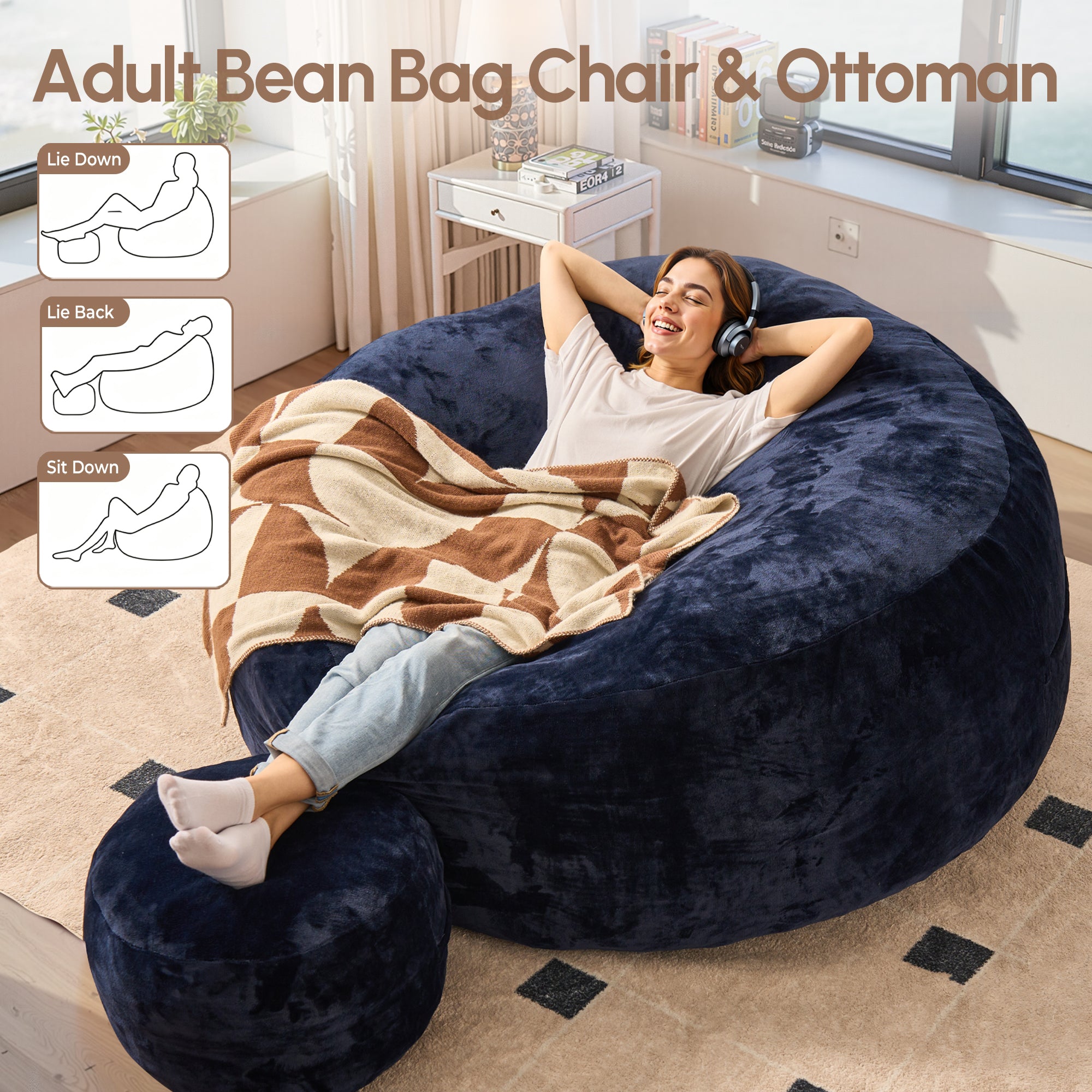 OVIOS Bean Bag Chair Removable Cover, High-Rebound Filling Cozy Furniture for Living Room, Bedroom