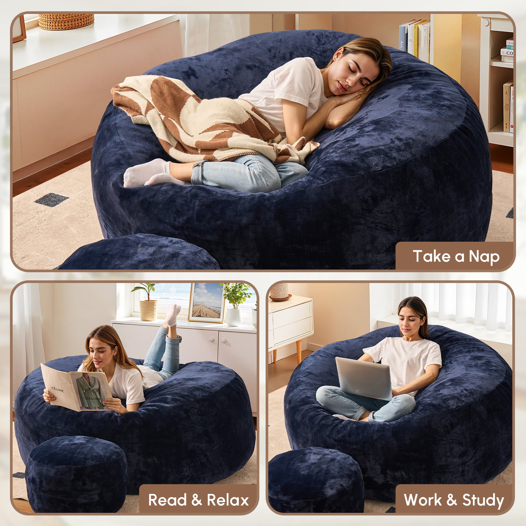 OVIOS Bean Bag Chair Removable Cover, High-Rebound Filling Cozy Furniture for Living Room, Bedroom