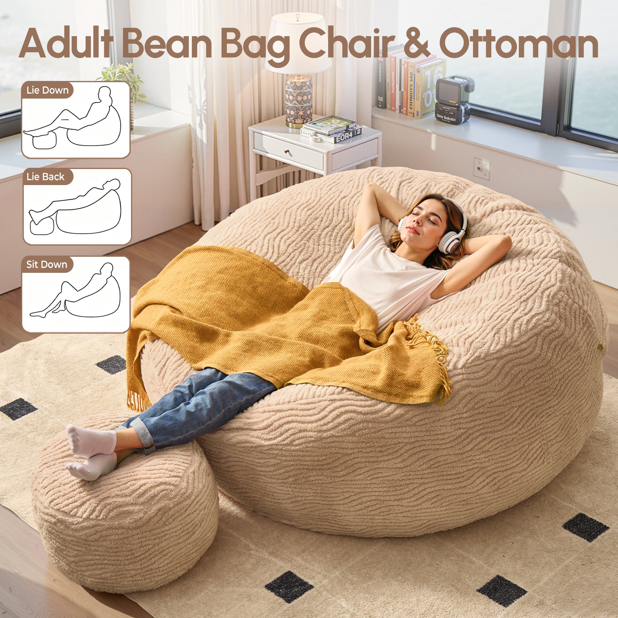 OVIOS Bean Bag Chair Removable Cover, High-Rebound Filling Cozy Furniture for Living Room, Bedroom