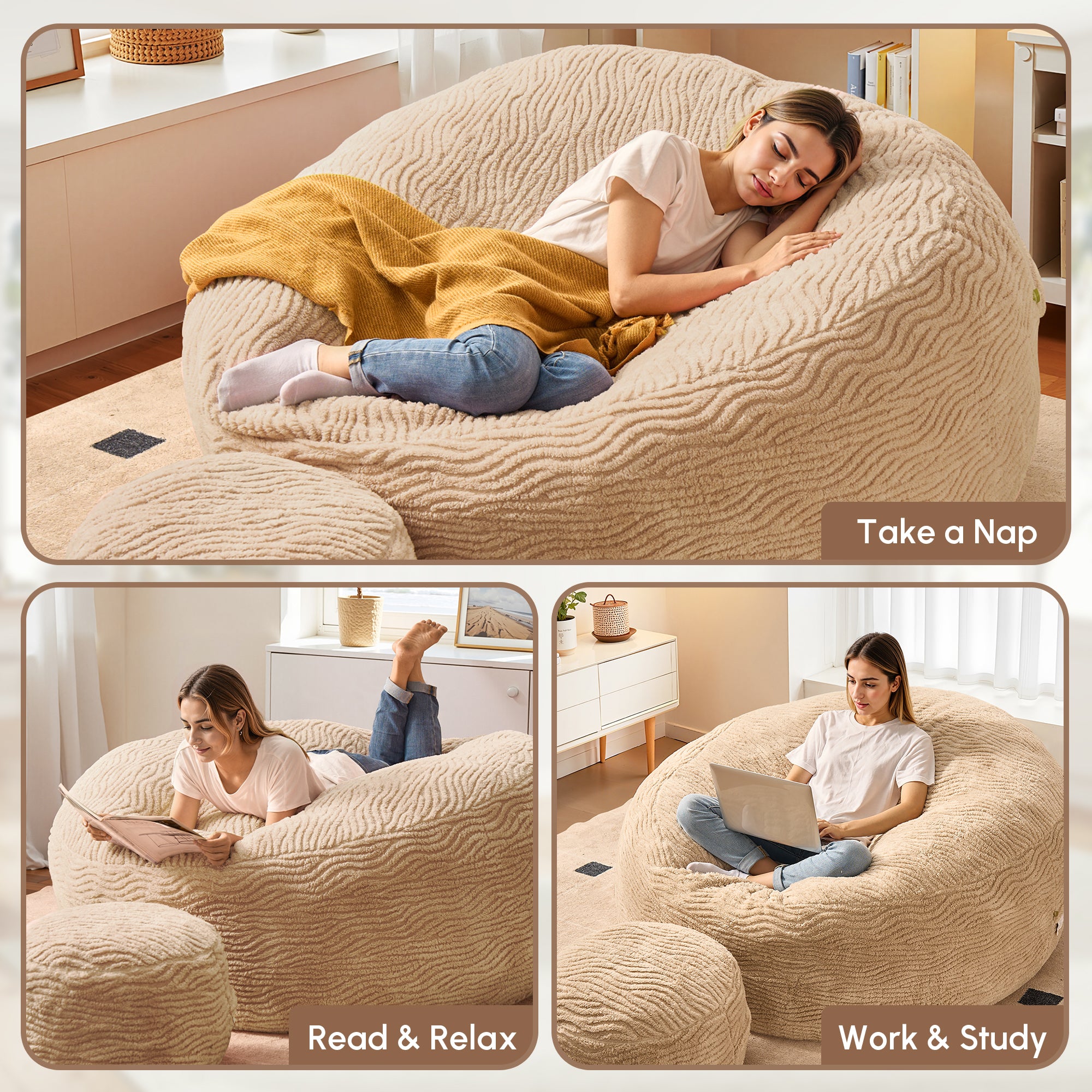 OVIOS Bean Bag Chair Removable Cover, High-Rebound Filling Cozy Furniture for Living Room, Bedroom