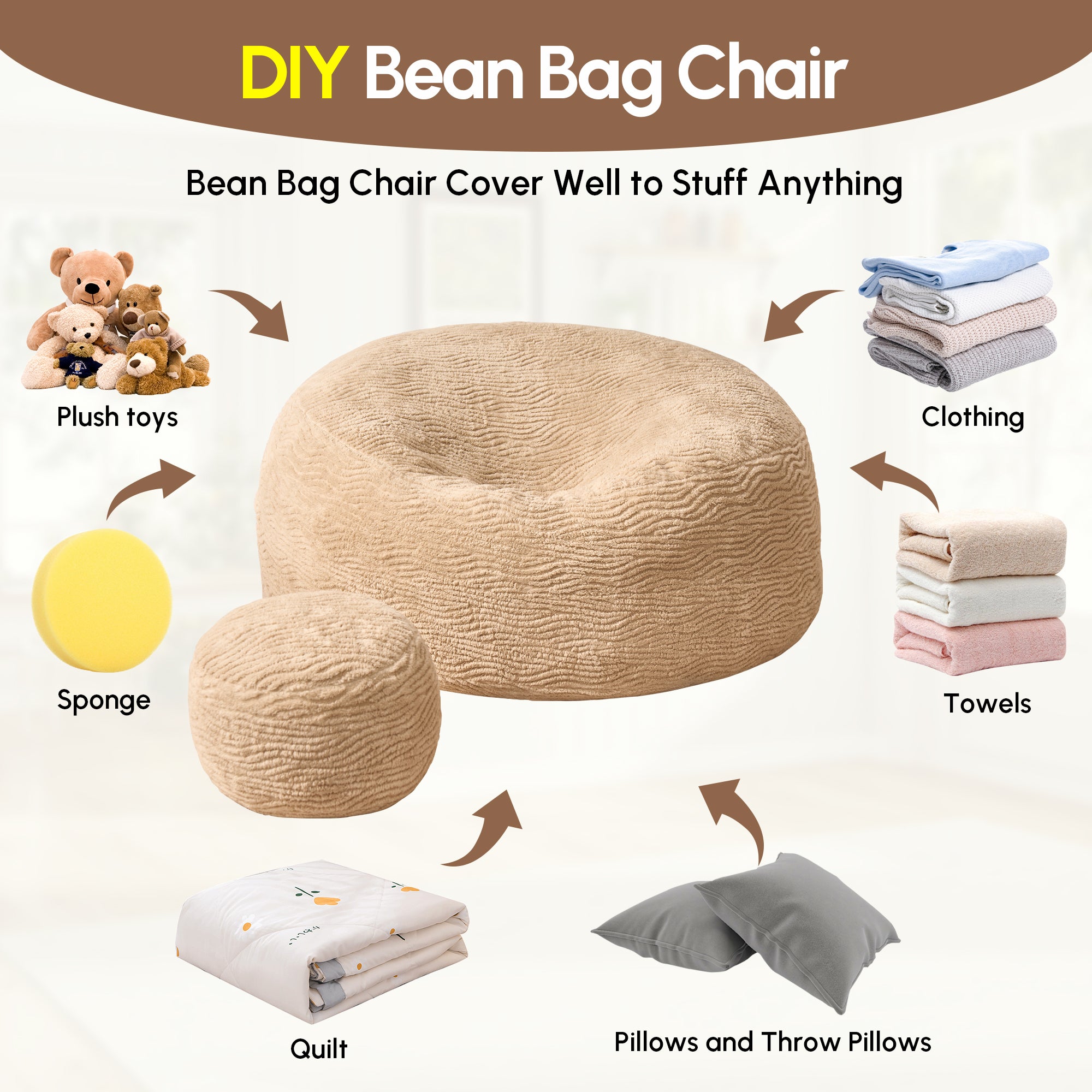 OVIOS Bean Bag Chair Removable Cover, High-Rebound Filling Cozy Furniture for Living Room, Bedroom