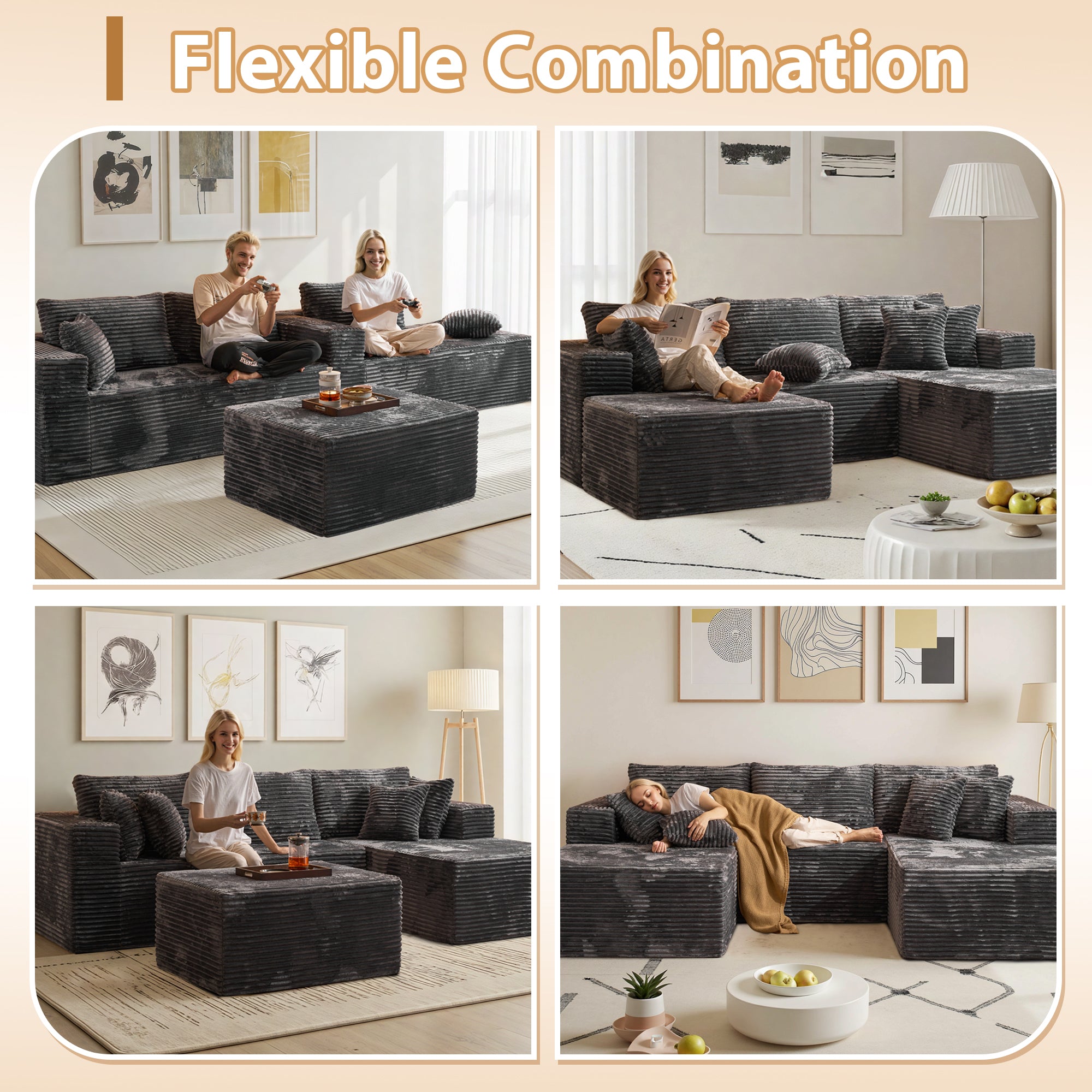 OVIOS 108" U-Shape Modular Couch with Ottoman, Plush Corduroy Fabric, No Assembly Required