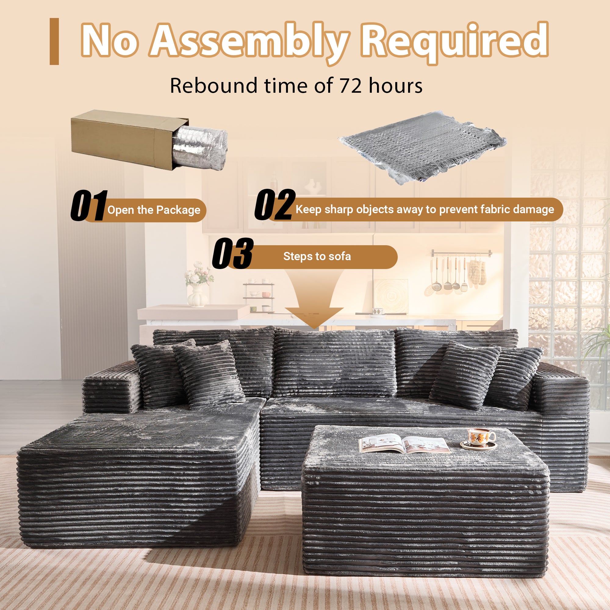 OVIOS 108" U-Shape Modular Couch with Ottoman, Plush Corduroy Fabric, No Assembly Required