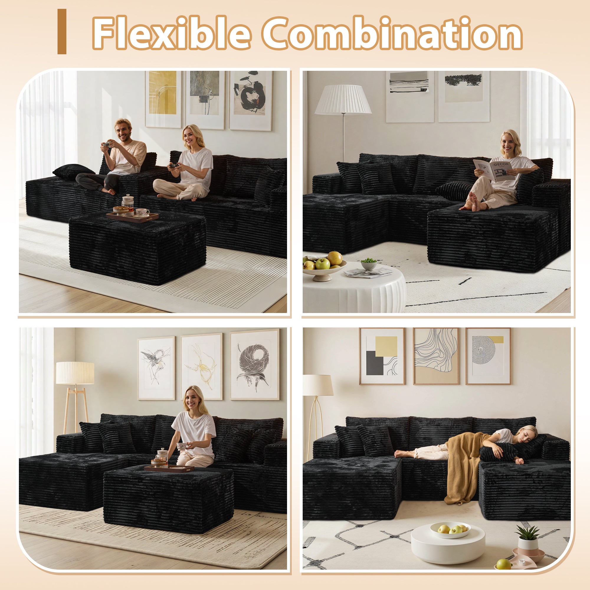 OVIOS 108" U-Shape Modular Couch with Ottoman, Plush Corduroy Fabric, No Assembly Required