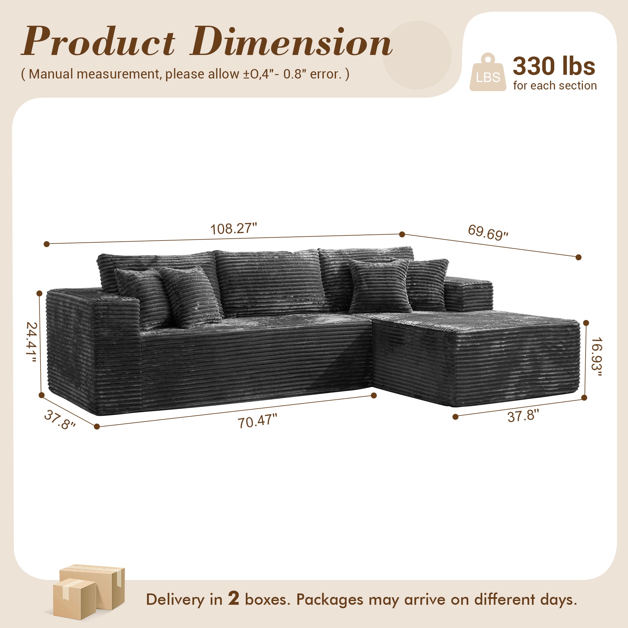 OVIOS 104" L-Shape Modular Couch with Chaise, Plush Corduroy Fabric, No Assembly Required