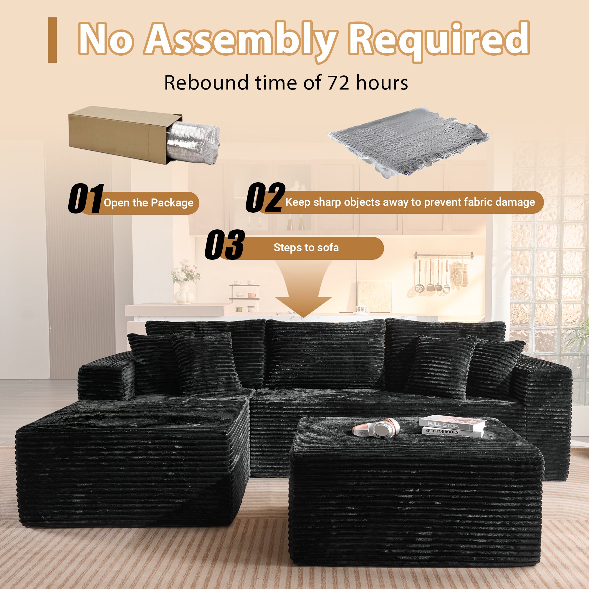 OVIOS 108" U-Shape Modular Couch with Ottoman, Plush Corduroy Fabric, No Assembly Required