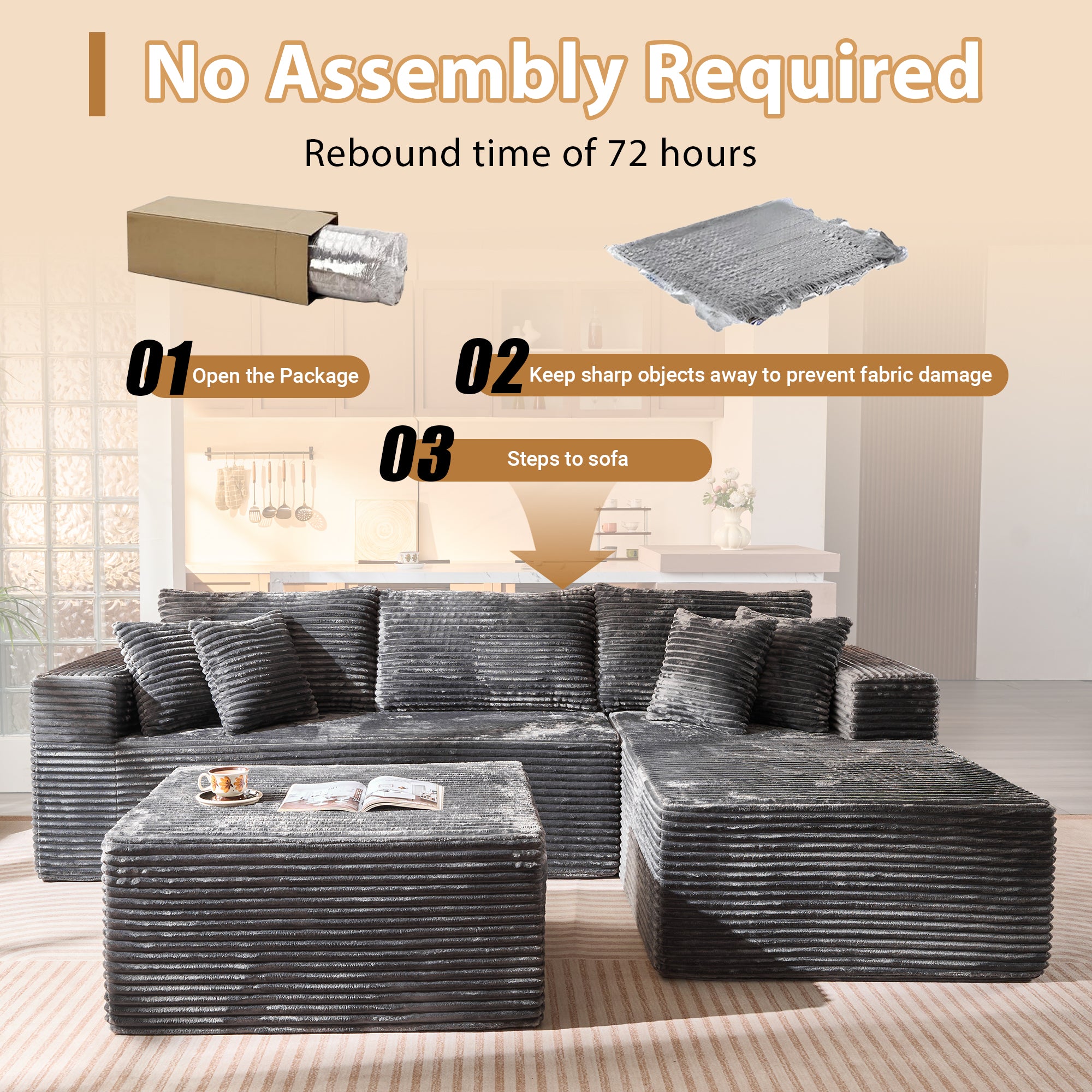 OVIOS 108" U-Shape Modular Couch with Ottoman, Plush Corduroy Fabric, No Assembly Required