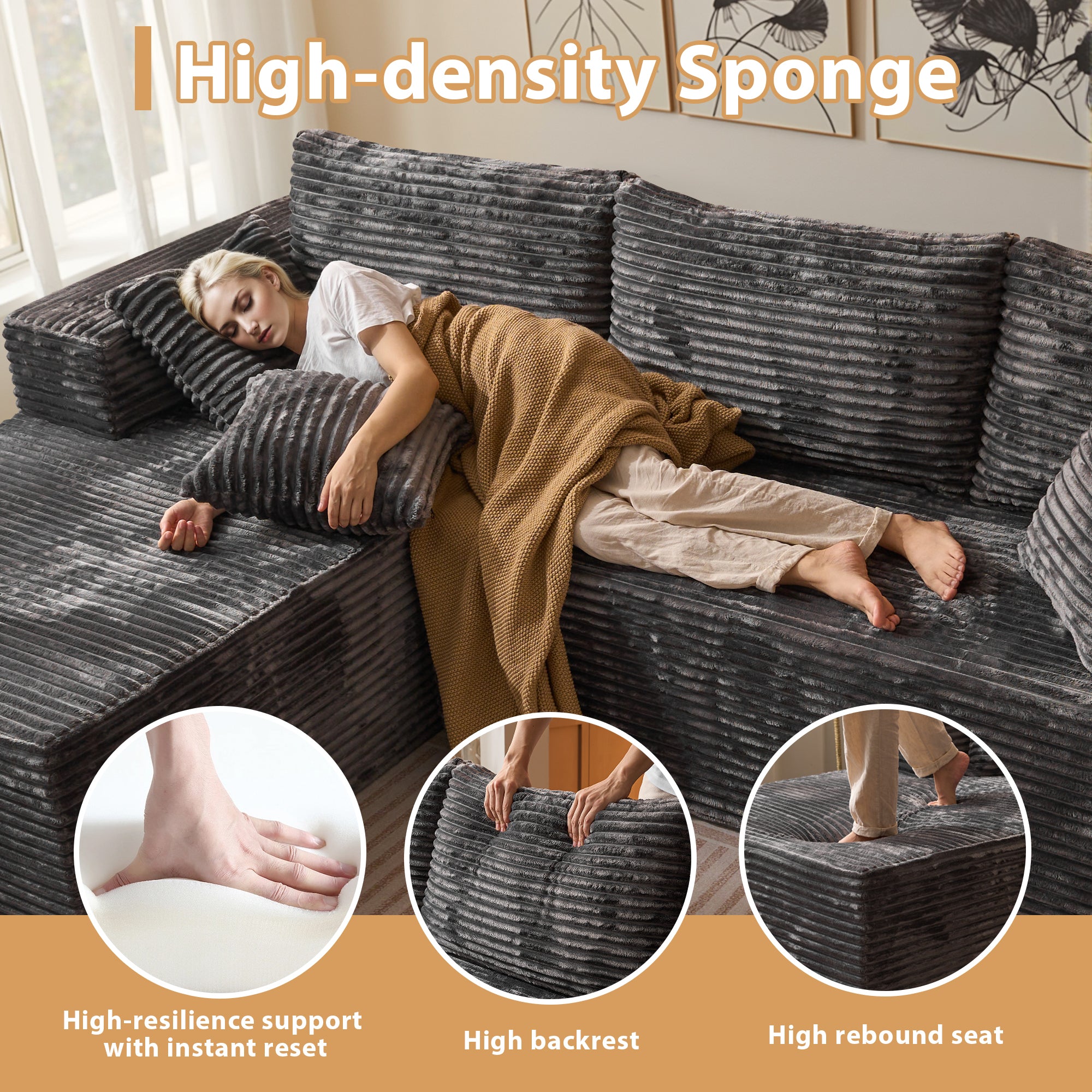 OVIOS 108" U-Shape Modular Couch with Ottoman, Plush Corduroy Fabric, No Assembly Required