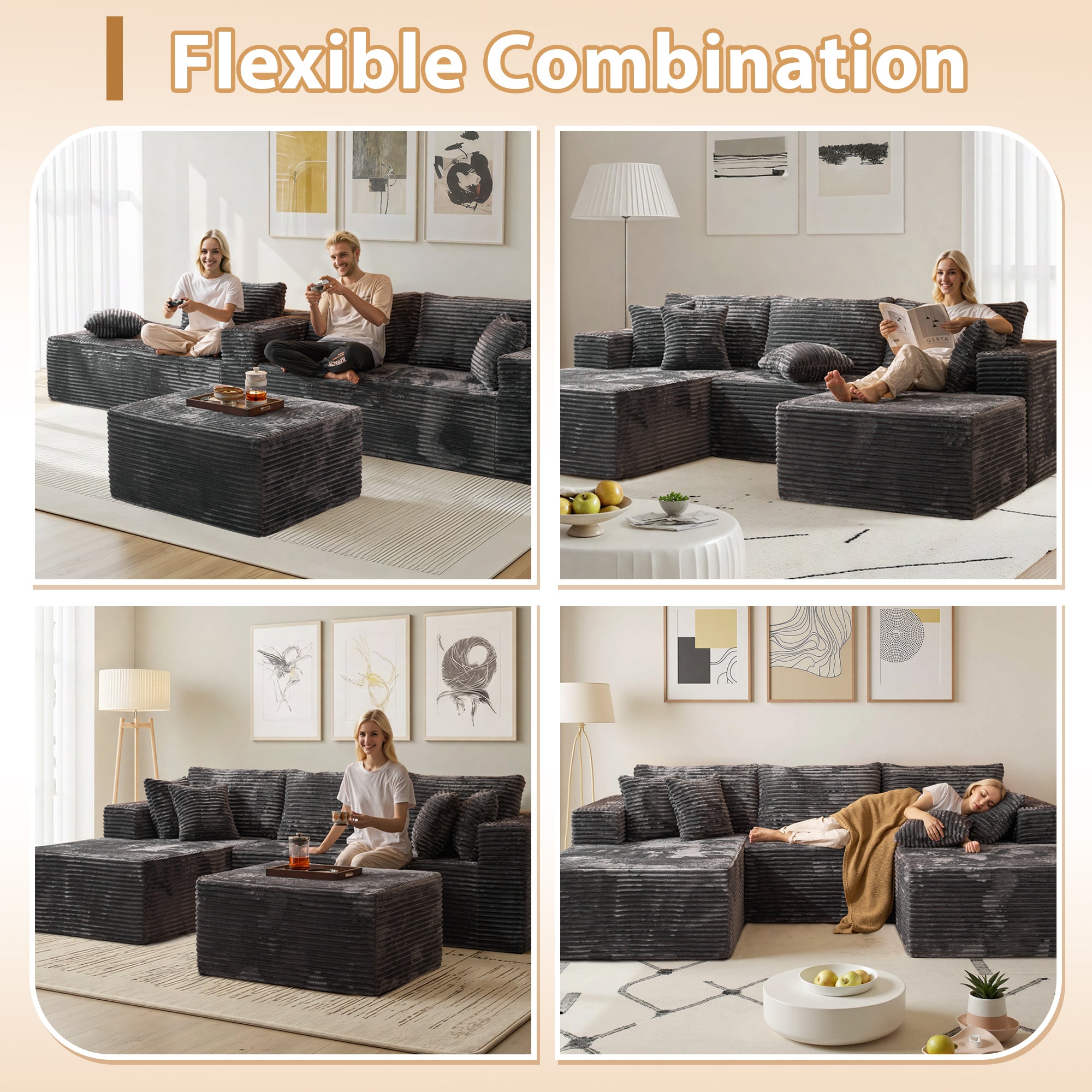 OVIOS 108" U-Shape Modular Couch with Ottoman, Plush Corduroy Fabric, No Assembly Required