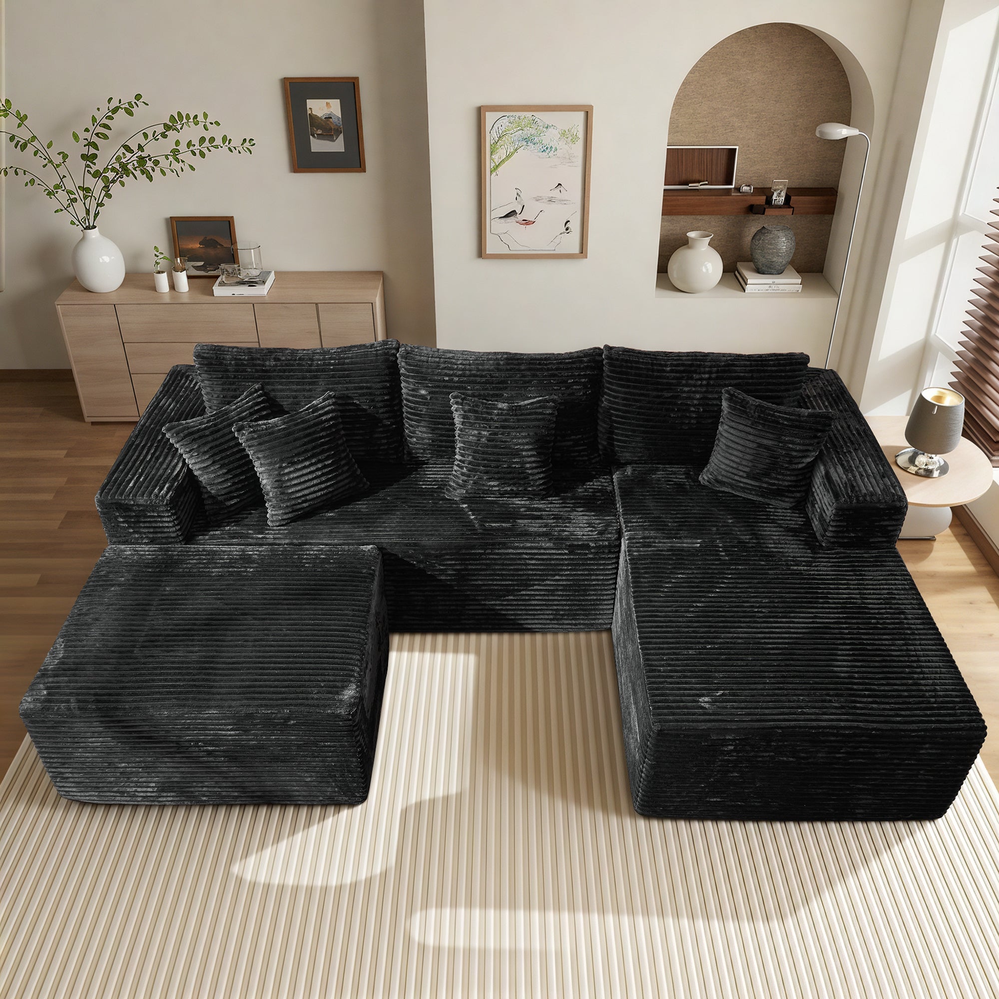 OVIOS 108" U-Shape Modular Couch with Ottoman, Plush Corduroy Fabric, No Assembly Required