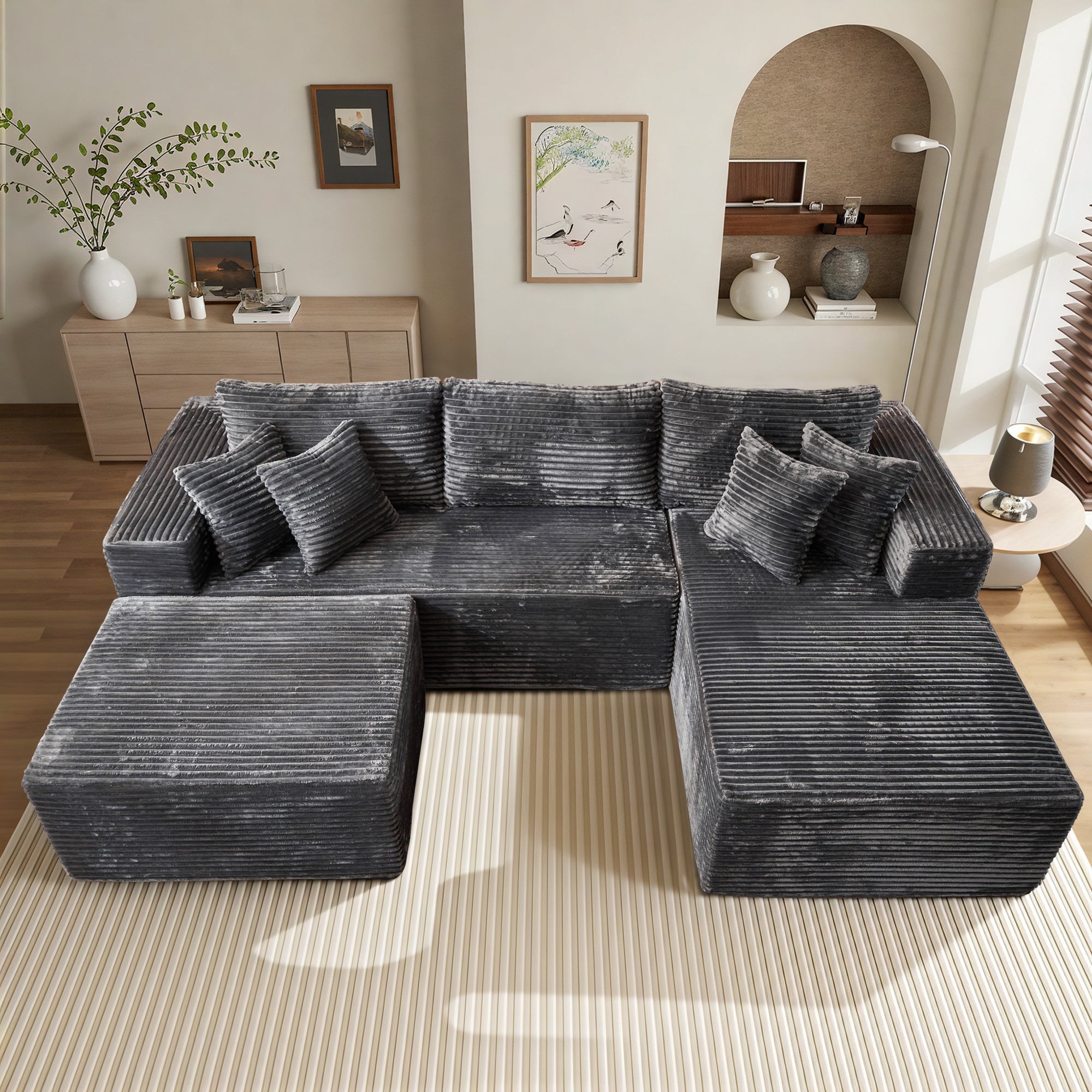 OVIOS 108" U-Shape Modular Couch with Ottoman, Plush Corduroy Fabric, No Assembly Required