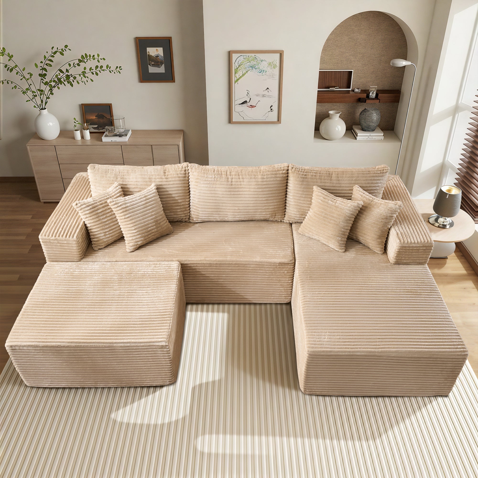 OVIOS 108" U-Shape Modular Couch with Ottoman, Plush Corduroy Fabric, No Assembly Required