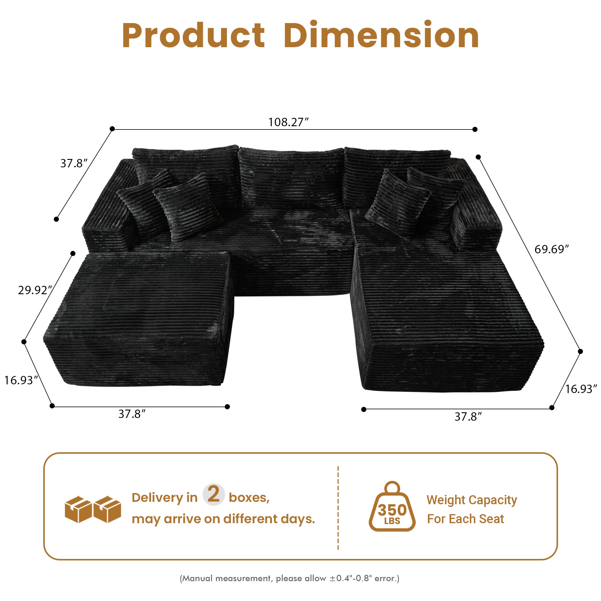 OVIOS 108" U-Shape Modular Couch with Ottoman, Plush Corduroy Fabric, No Assembly Required